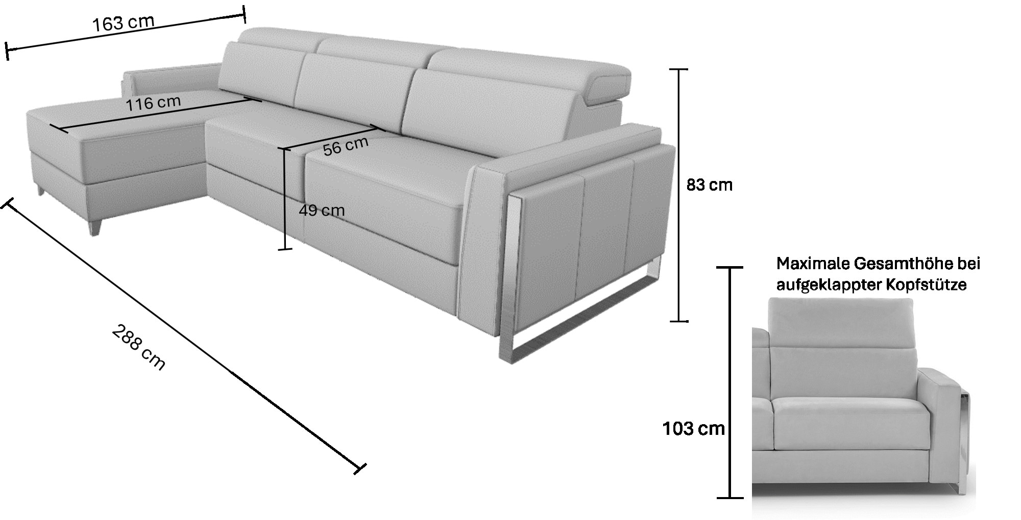 CALIA ITALIA Polsterecke »ECLETTICO, Ecksofa, Stellmaße 288/163 cm, L-Form,Metall Kufen Füße,«, wahlweise links oder rechts bestellbar,inklusiv Kopfteilverstellung