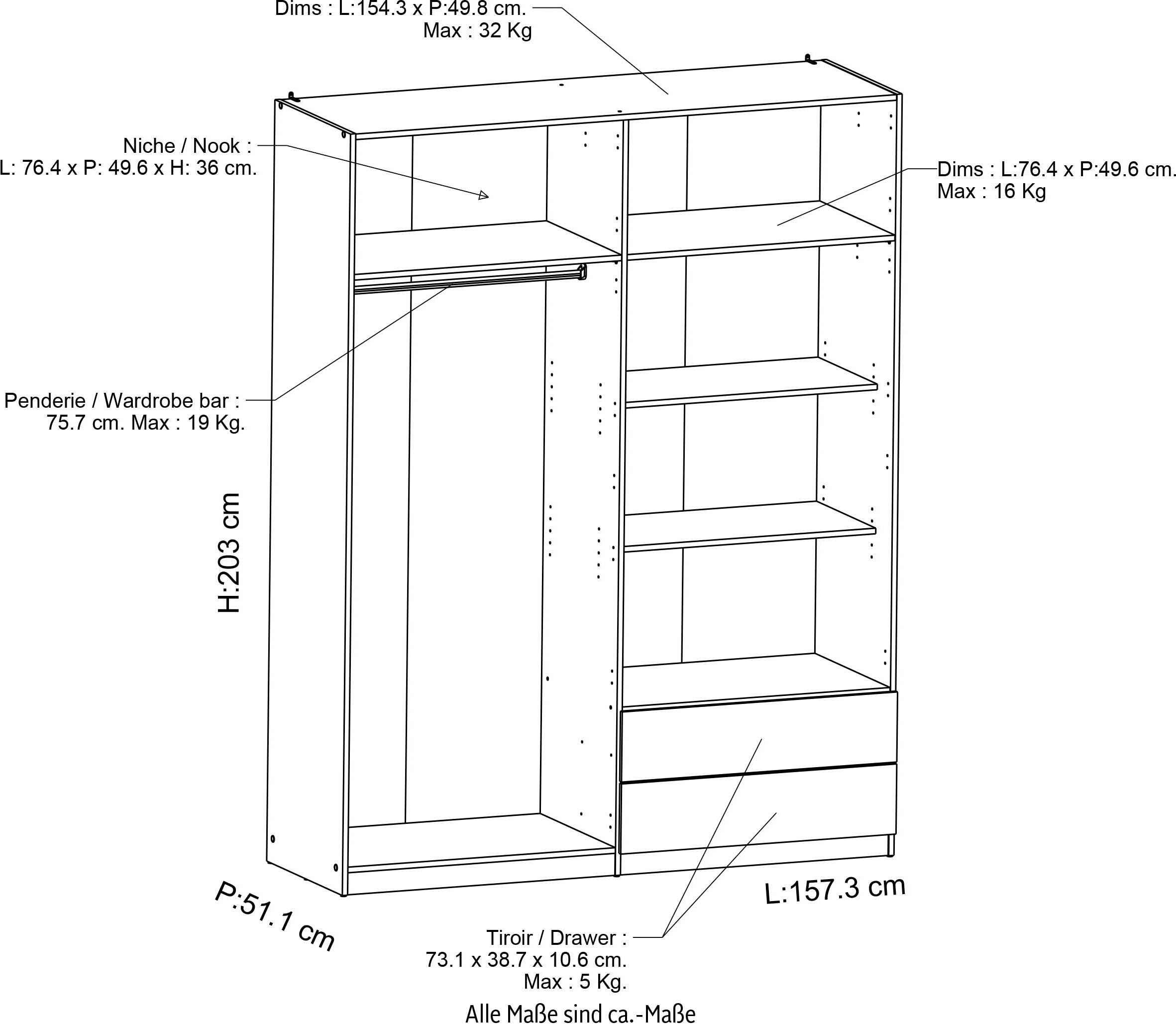 Demeyere GROUP Drehtürenschrank »4 große Türen,4 kleine Türen, 2 Schubladen«, Breite ca. 157cm,Höhe ca. 200cm,viel Stauraum,mit Innenaustattung