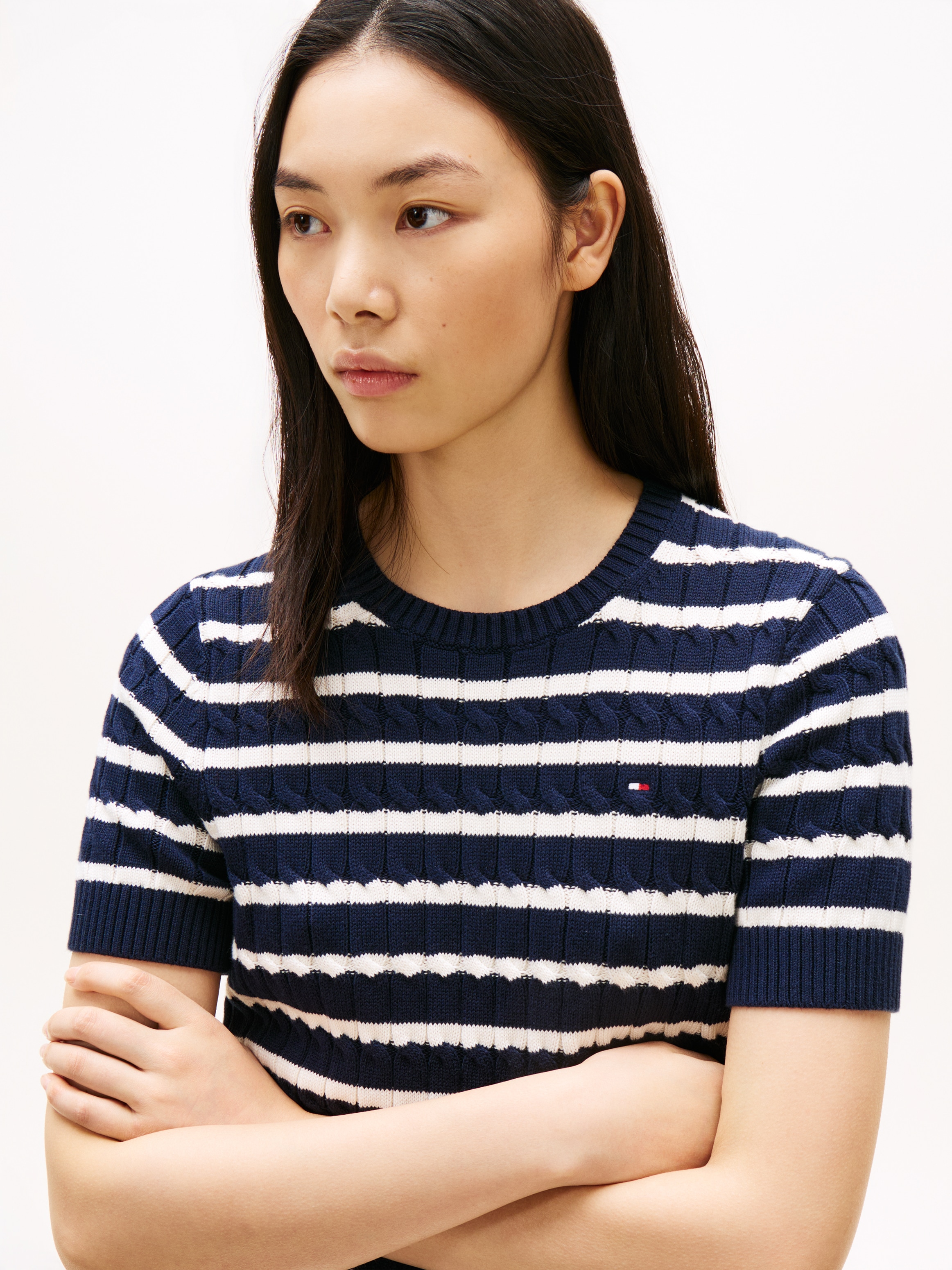 Tommy Hilfiger Kurzarmpullover »CO CABLE MID GG SS C-NK SWT« Baumwolle, mit Zopfmuster