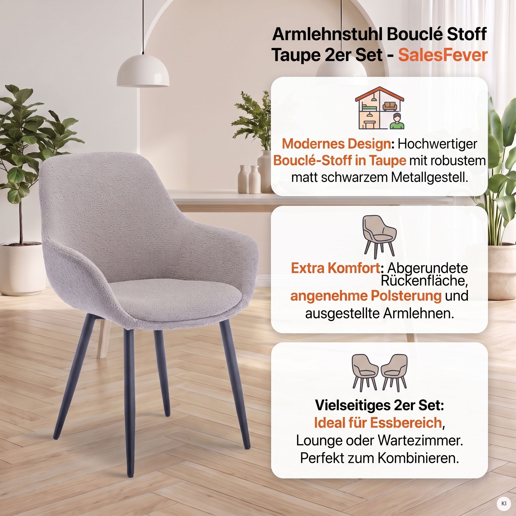 SalesFever Armlehnstuhl »Esszimmerstuhl mit elegantem Komfort« (Set) 2 Stk.moderner Bouclé-Bezug