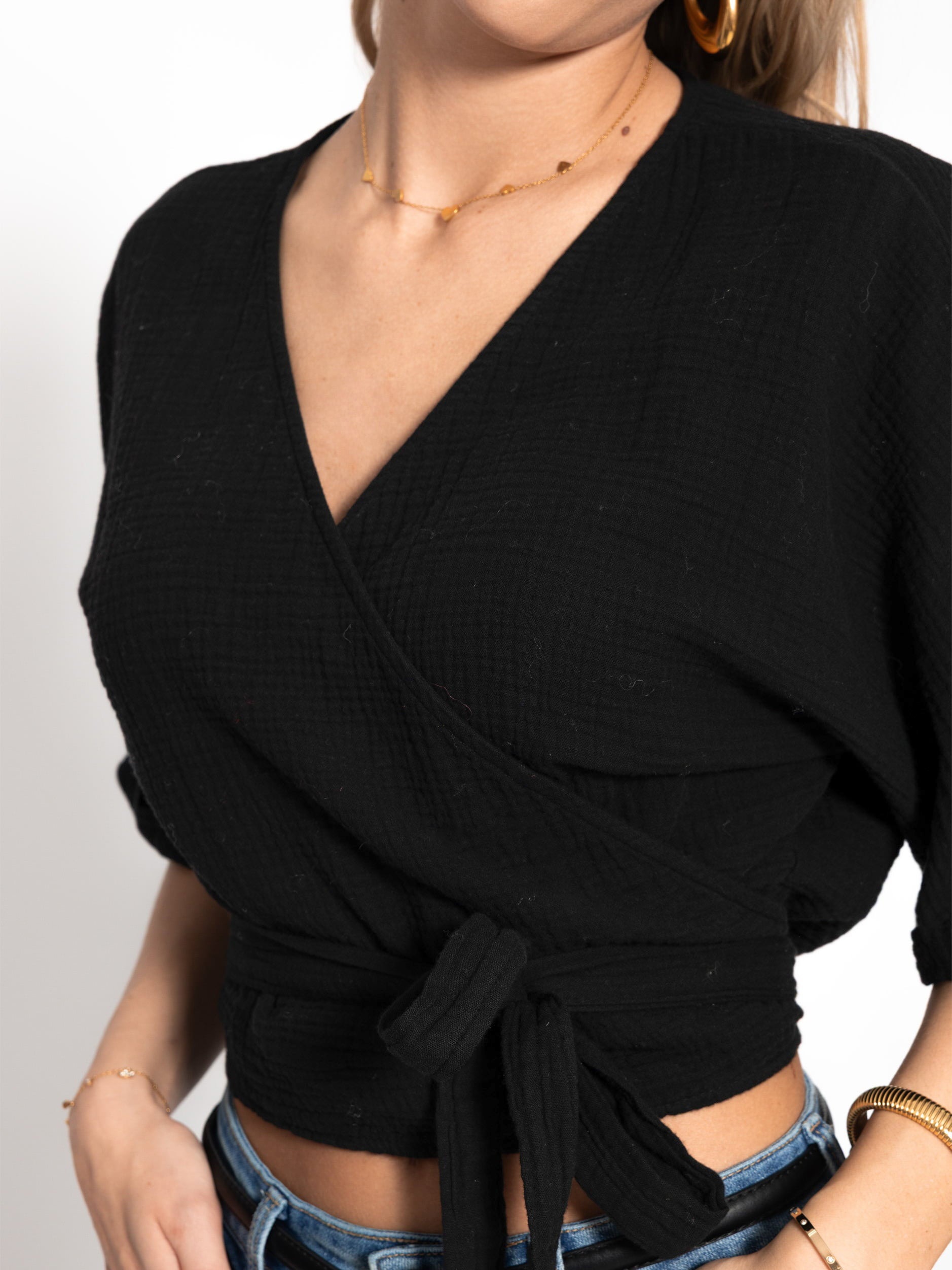SASSYCLASSY Blusentop »Musselin Bluse zum Wickeln« Kurzarm Wickelbluse aus Baumwolle