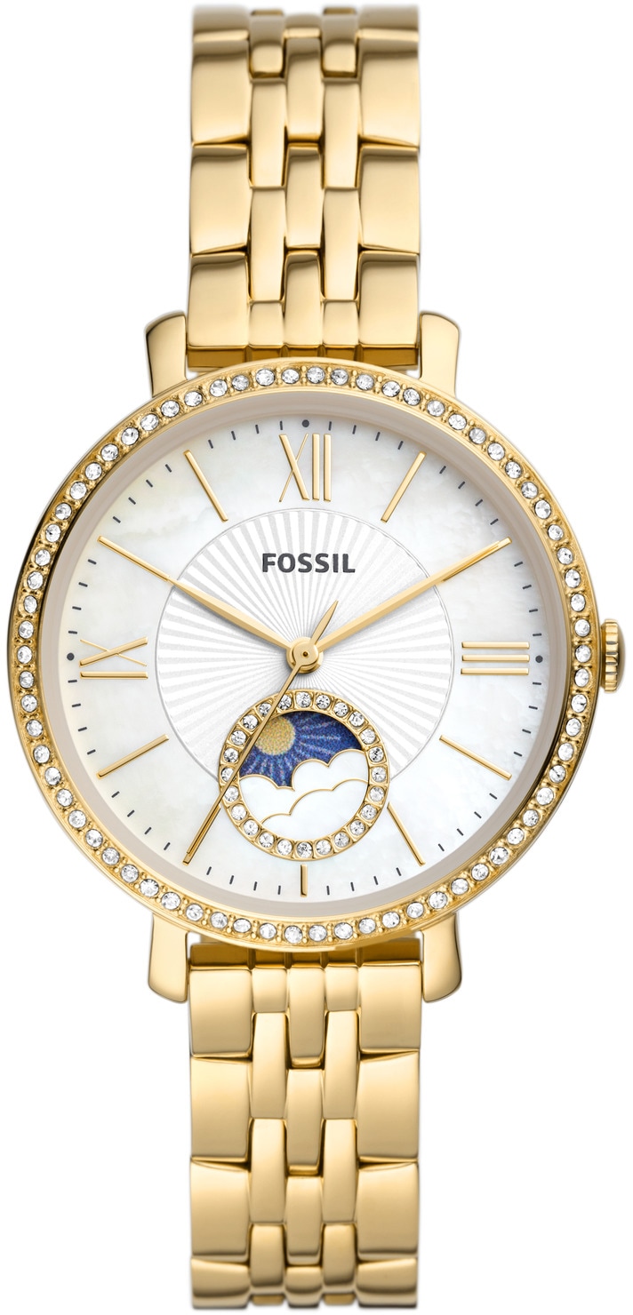 Fossil Quarzuhr »JACQUELINE MOONPHASE«, Armbanduhr, Damenuhr, Perlmutt-Zifferblatt, Mondphase,Edelstahlarmband