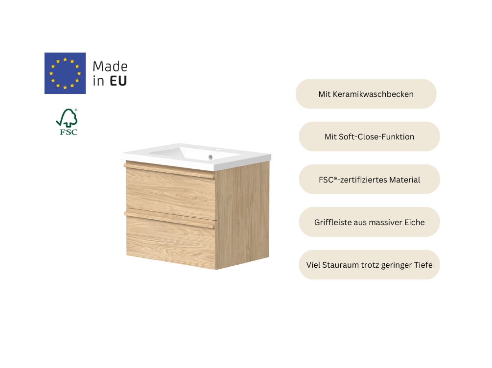 welltime Waschtisch »Only inklusive Waschbecken, Schubladen mit Vollauszug« Badmöbel in verschiedenen Breiten, mit Soft-Close Funktion, FSC®