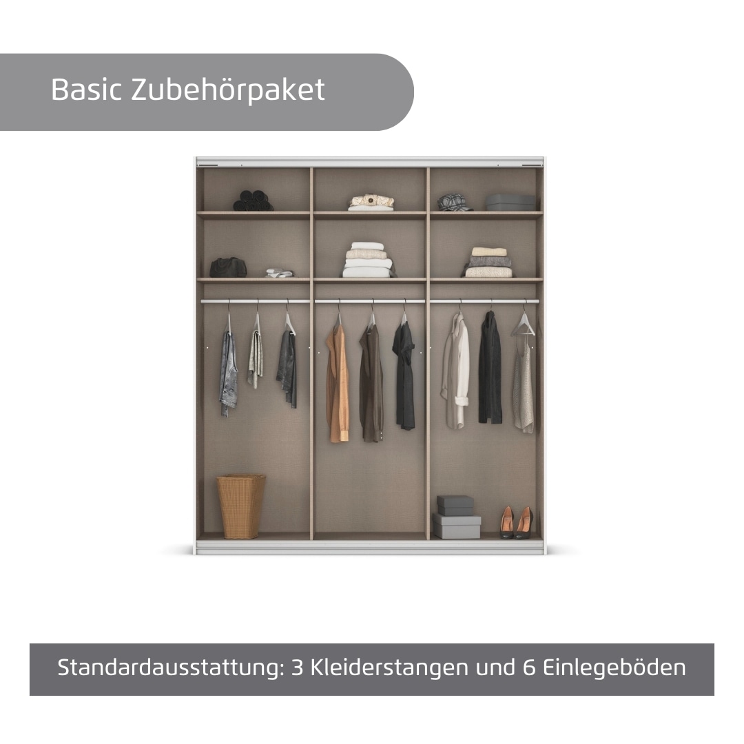 rauch Kleiderschrank »Schwebetürenschrank OTTO´s Choice Garderobe Schrank TOP ANGEBOT Avola«, (in 3 verschiedenen Ausstattungen BASIC/CLASSIC/PREMIUM inkl. Spiegel), mit eleganten Zierleisten in Chrom, Schwarz oder Weiß MADE IN GERMANY