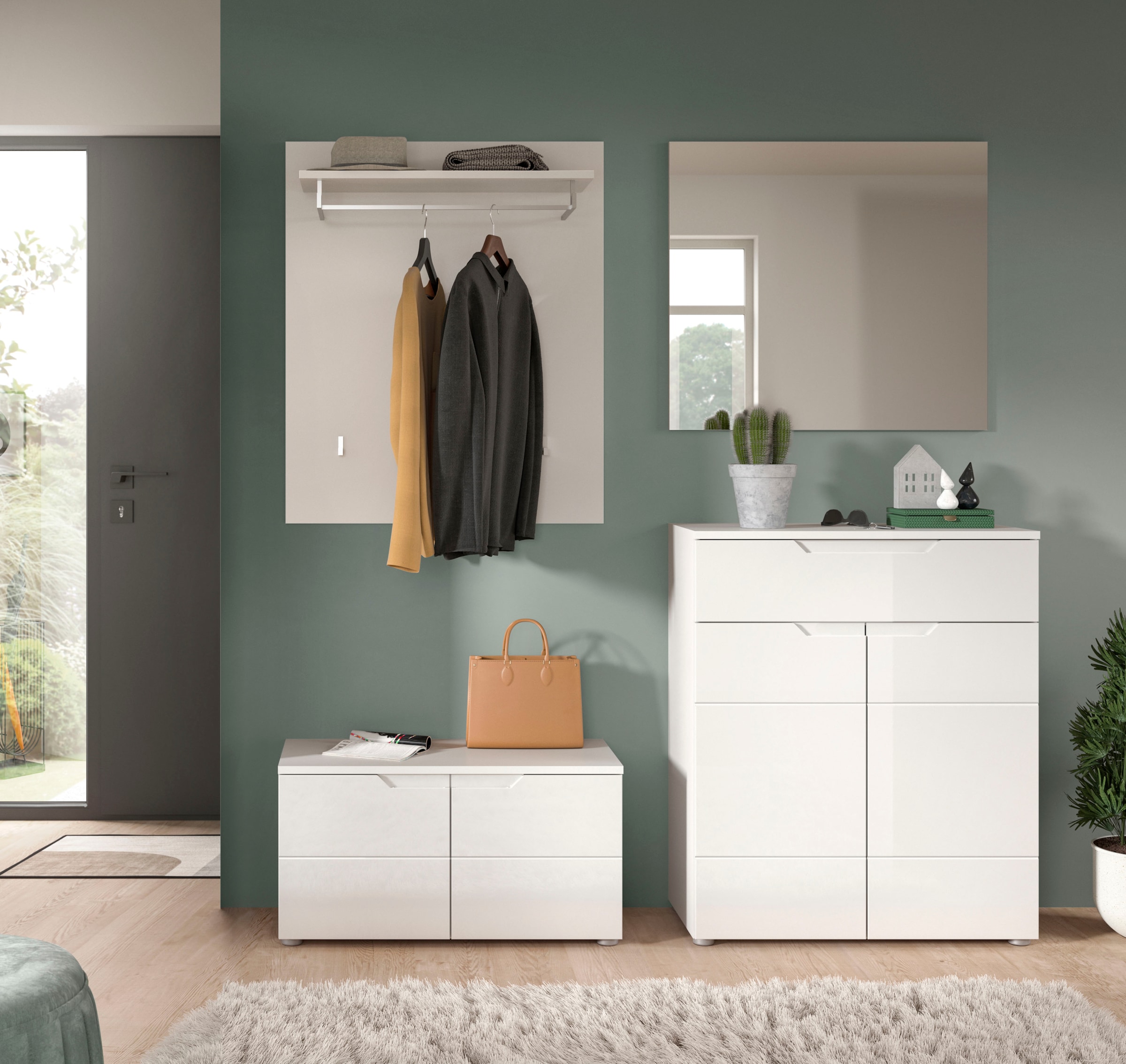 INOSIGN Garderoben-Set »CAPRI, 4-teilig, mit eingefasster Griffmulde, bestehend aus:«, (4 St.), Sitzbank, Garderobenpaneel, Schuhkommode und Garderobenspiegel