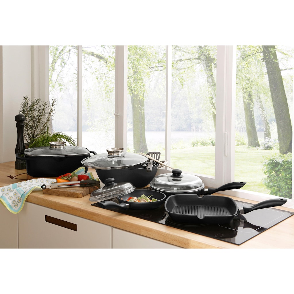 GSW Topf-Set »Gourmet«, Aluminiumguss, (Set, 8 tlg., 3-tlg. Pfannen-Set, 2 Glasdeckel, 1 Bräter, 1 Wok, 1 Küchenzange)