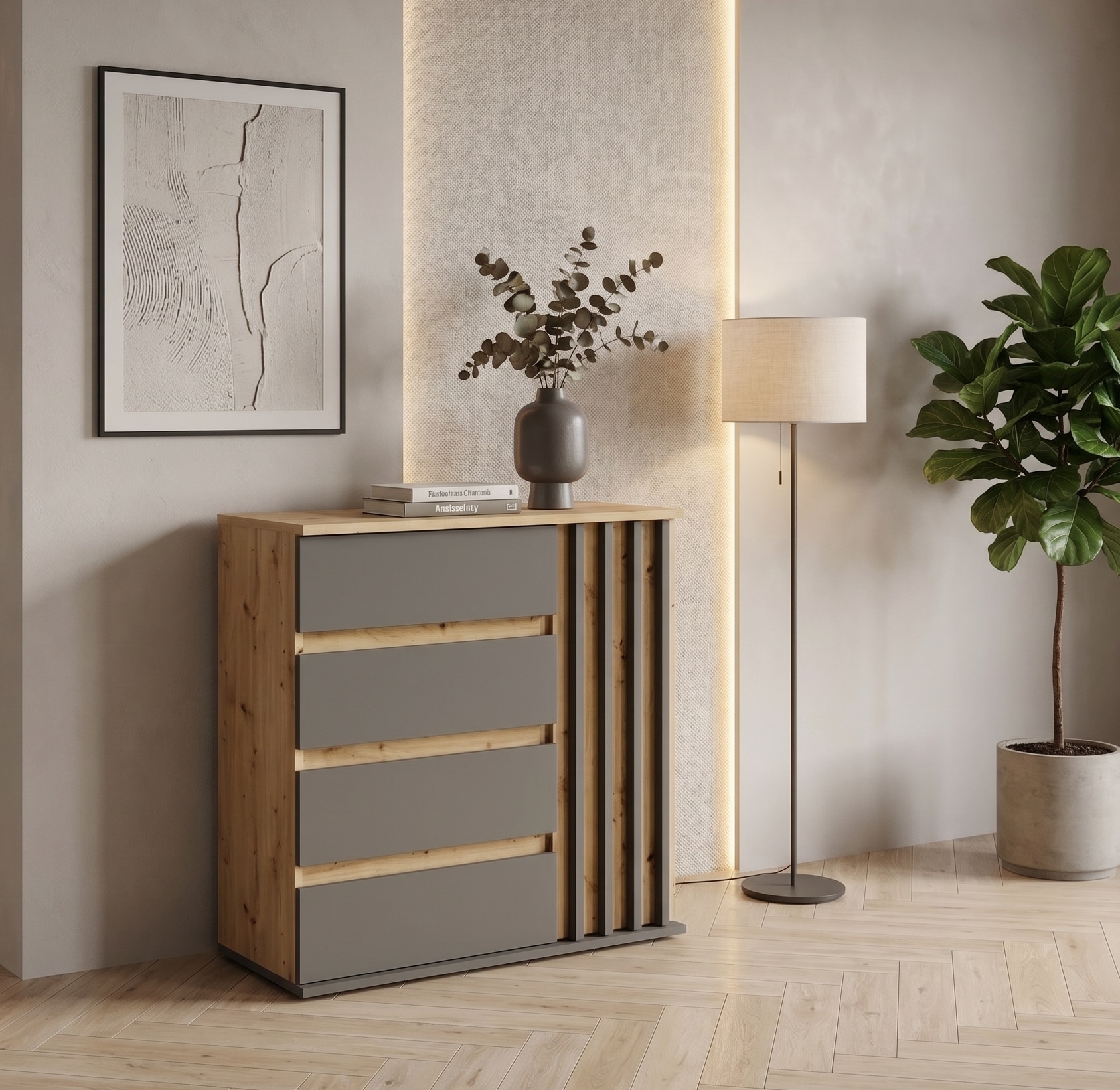 Home affaire Kommode »LANDUVA Sideboard mit viel Stauraum, Breite 80 cm« Schrank mit Schubladen und 1 Tür, Lamellen Design