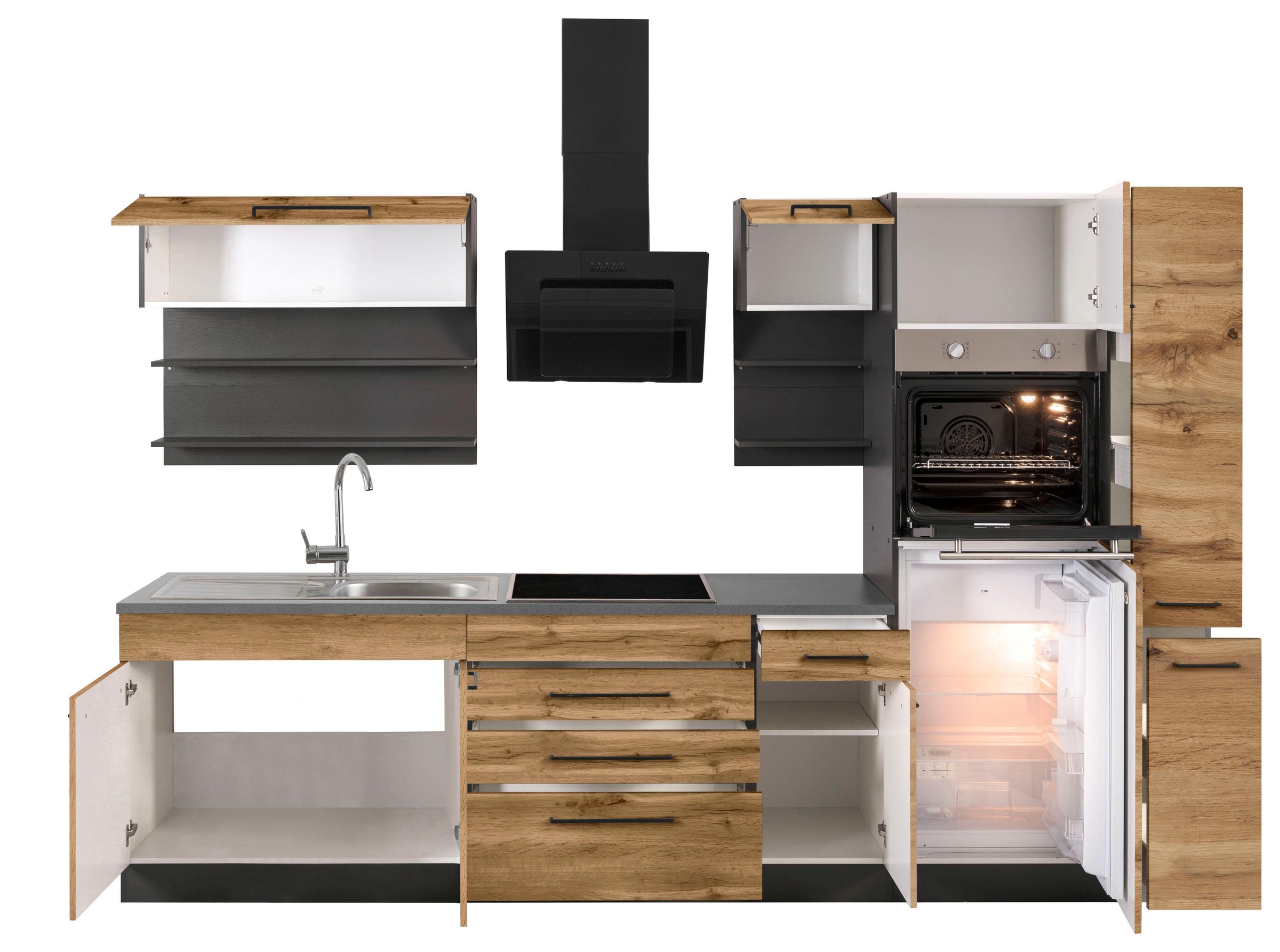 KOCHSTATION Küchenzeile »KS-Tulsa« mit E-Geräten, Breite 320 cm, schwarze Metallgriffe, MDF Fronten