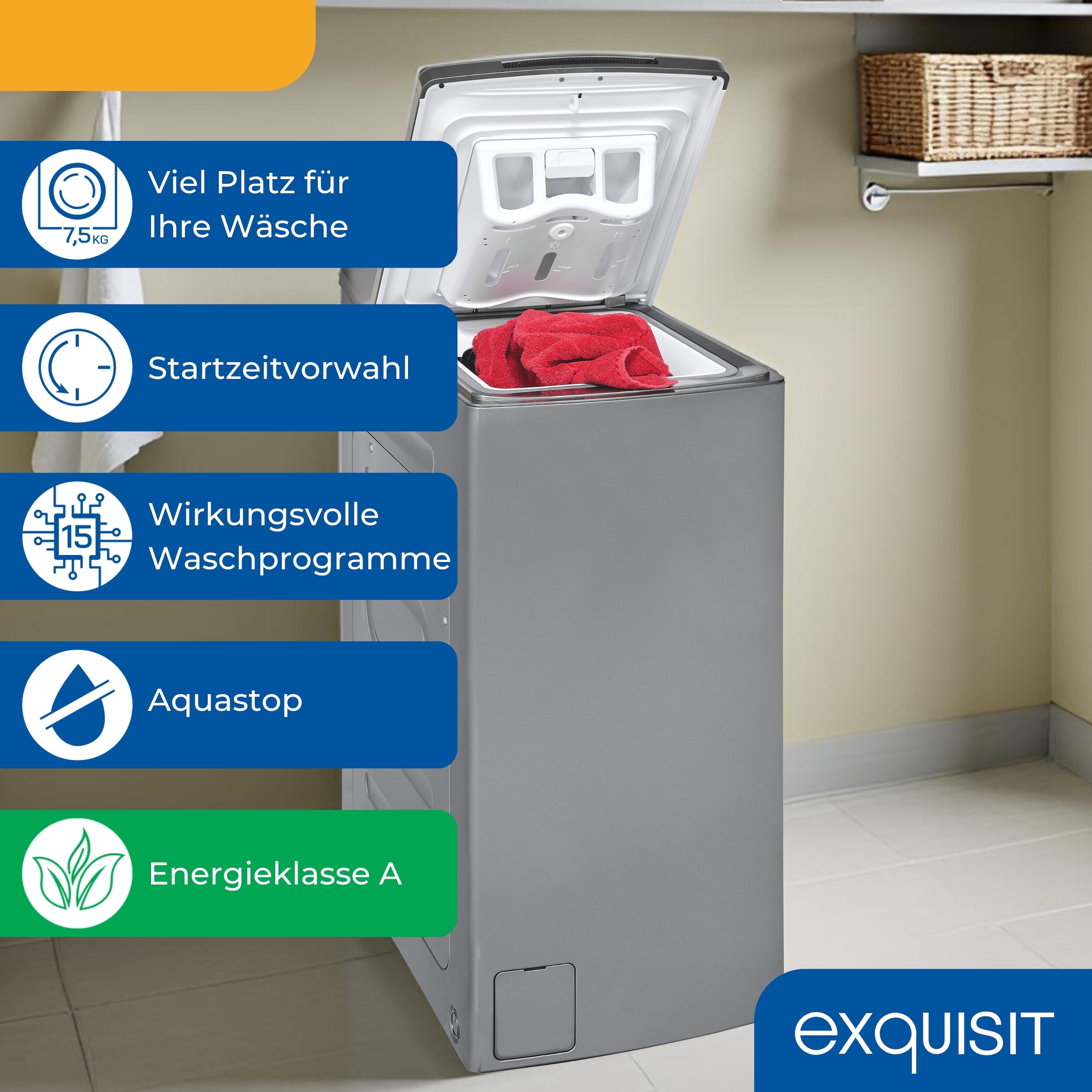 exquisit Waschmaschine »LTO1207-030A silber-dunkel« 7,5 kg 1200 U/min Rückenschonend: bequem von oben zu beladen mit softer Türöffnung