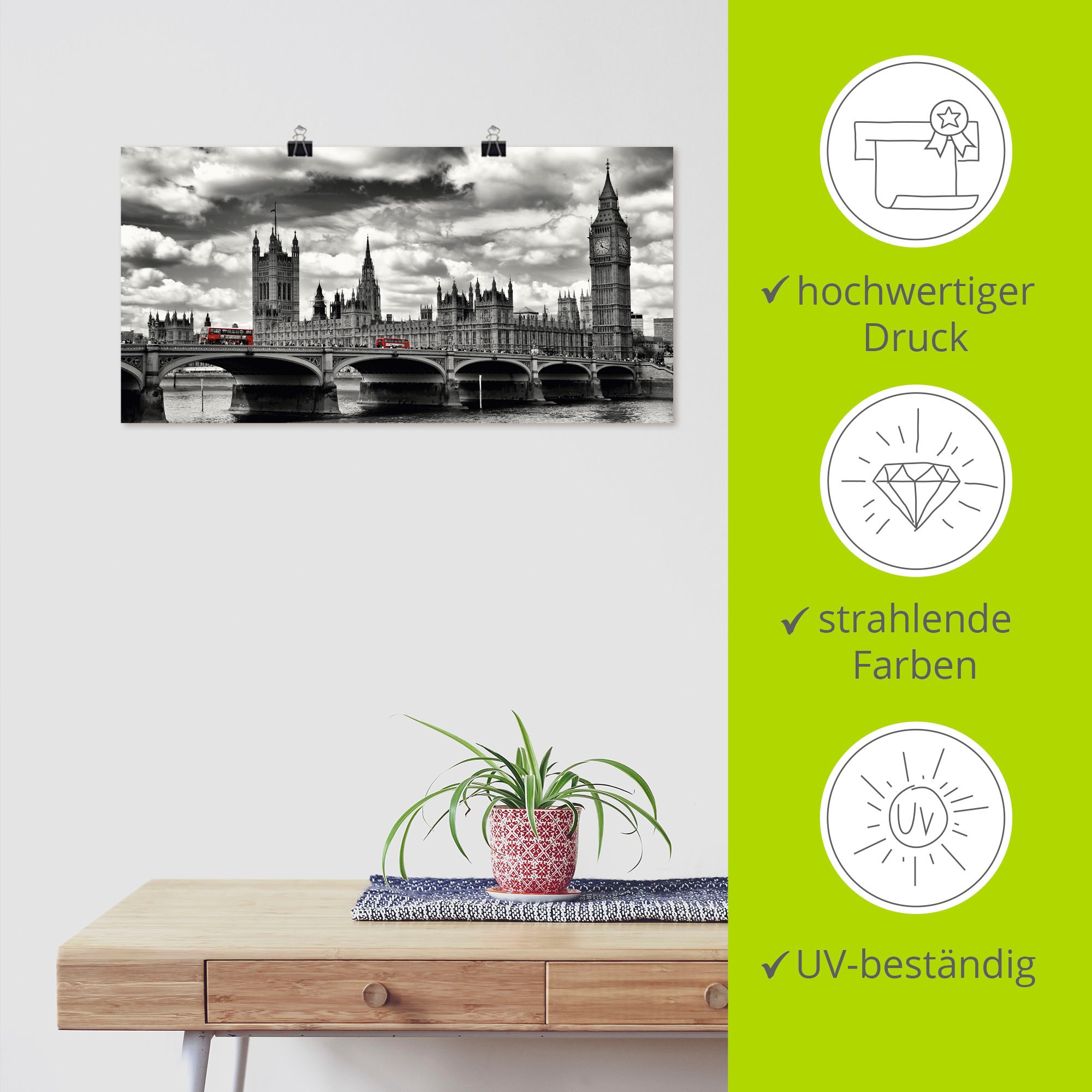 Artland Wandbild »London Westminster Bridge & Red Buses«, Großbritannien, (1 St.), als Leinwandbild, Poster, Wandaufkleber in verschied. Größen