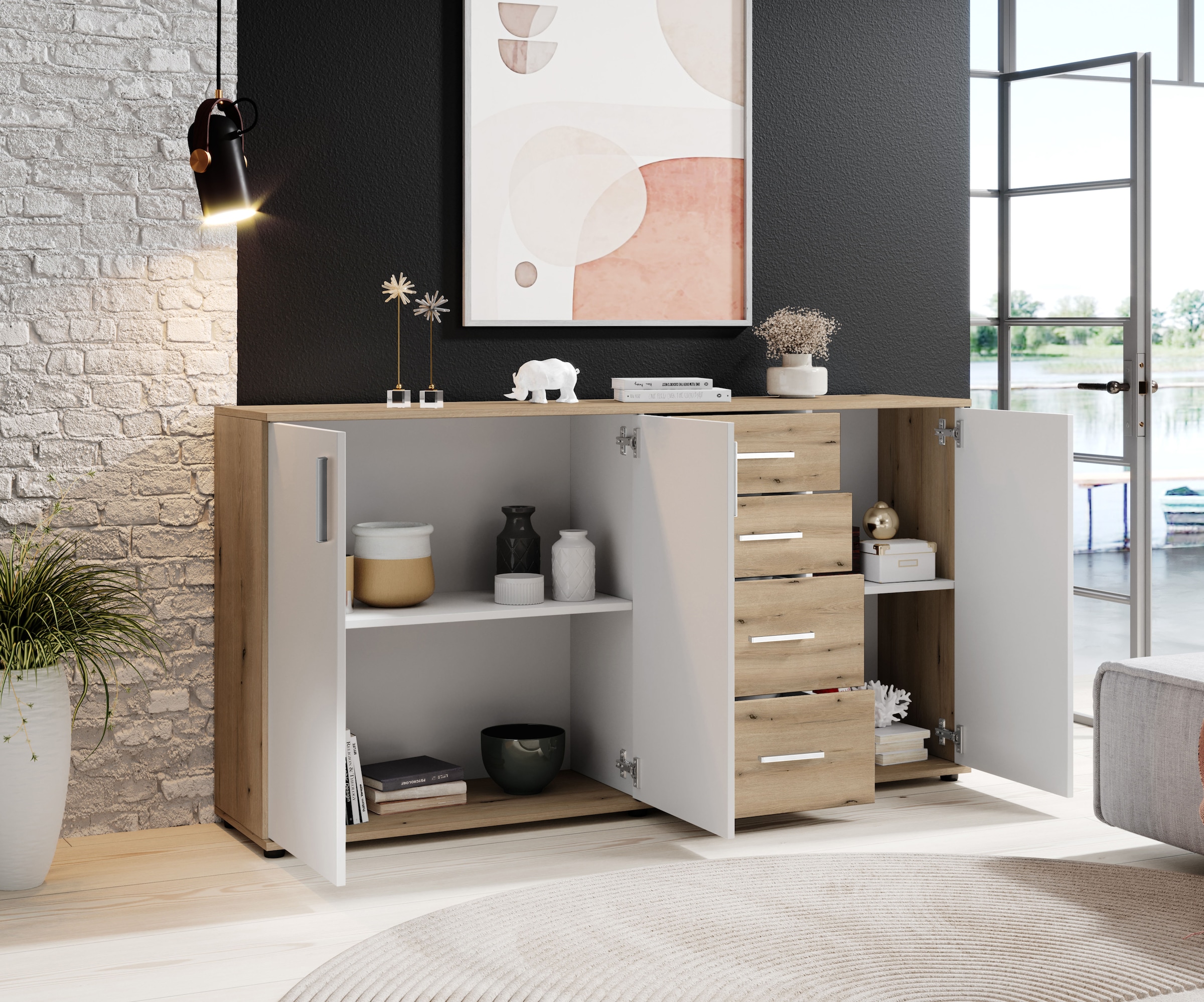 HBZ Kommode »BC-Drift-2, Sideboard Stellmaß BxHxT 160x84x35 cm«, (1 St.), Sideboard mit 3 Türen und 4 Schubkästen, 2 Einlegeböden
