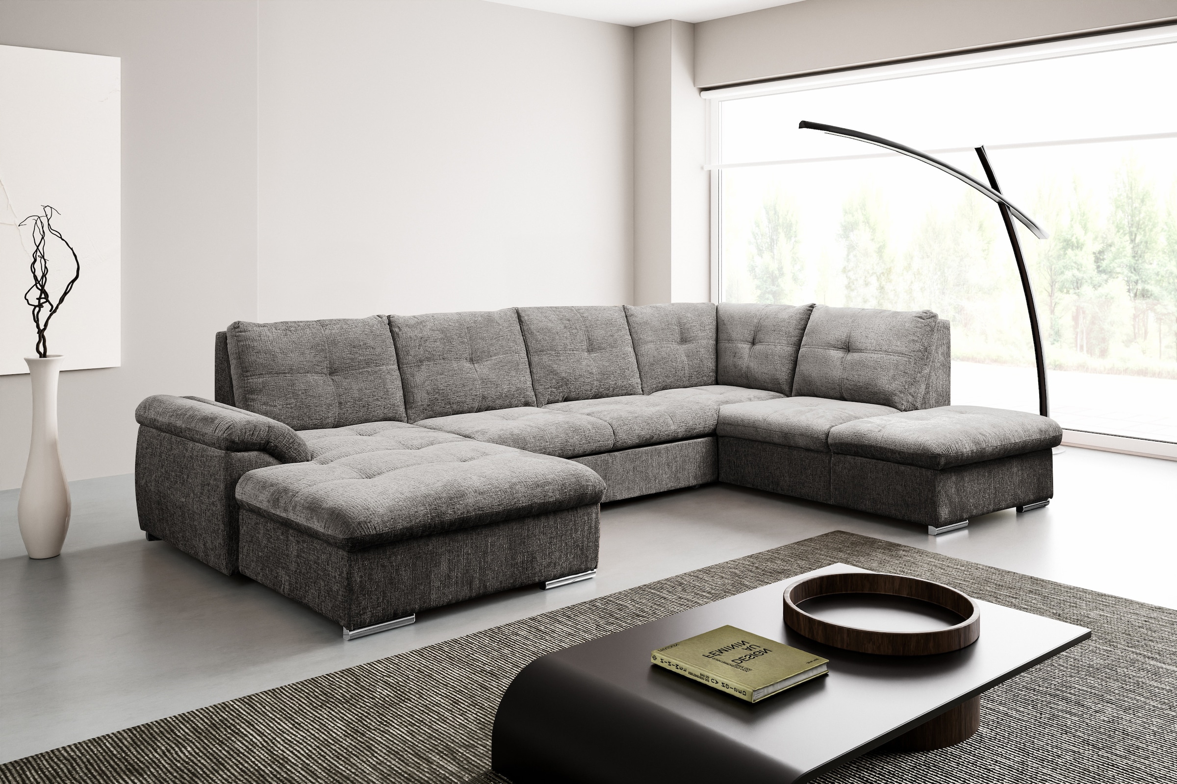 WERK2 Wohnlandschaft »Arena, B/T: 339/220 cm breit, moderner, einladender Sitzkomfort« mit Schlaffunktion und Bettkasten, U-Form