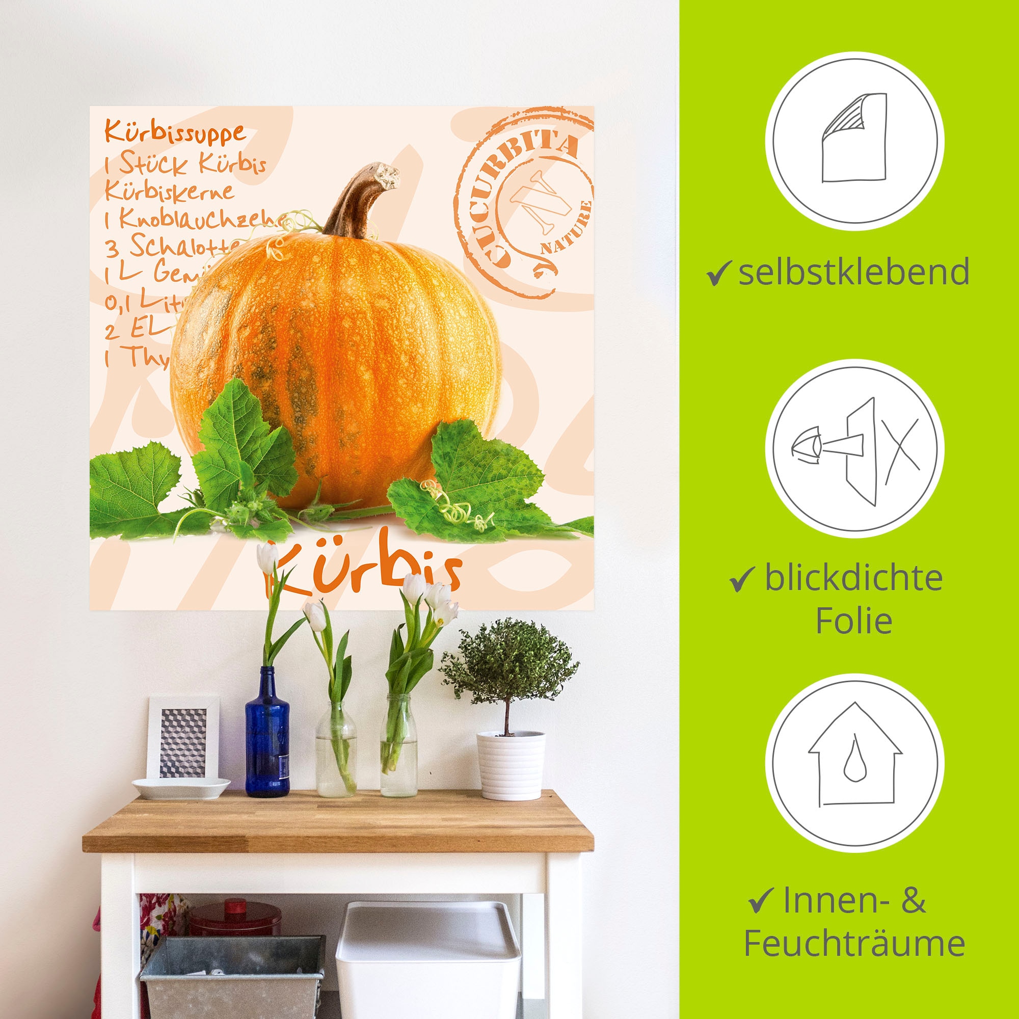 Artland Wandbild »Gelber Kürbis mit grünen Blättern«, Lebensmittel, (1 St.), als Poster, Wandaufkleber in verschied. Größen