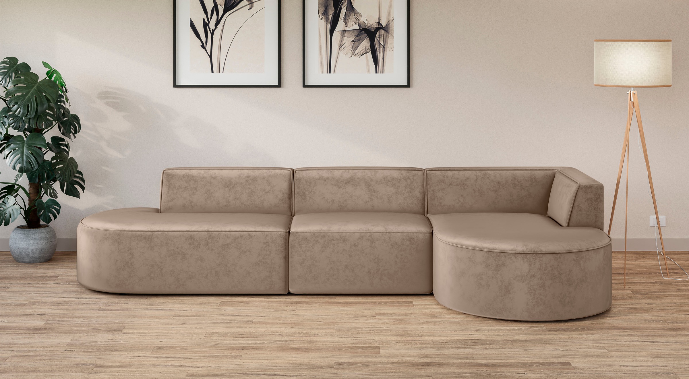 andas Ecksofa »EIVIND Designer Sofa mit Ottomane rechts/links, B/T/H: 343/159/72 cm«, L-Form mit Wellenunterfederung, auch in Feincord und Bouclé