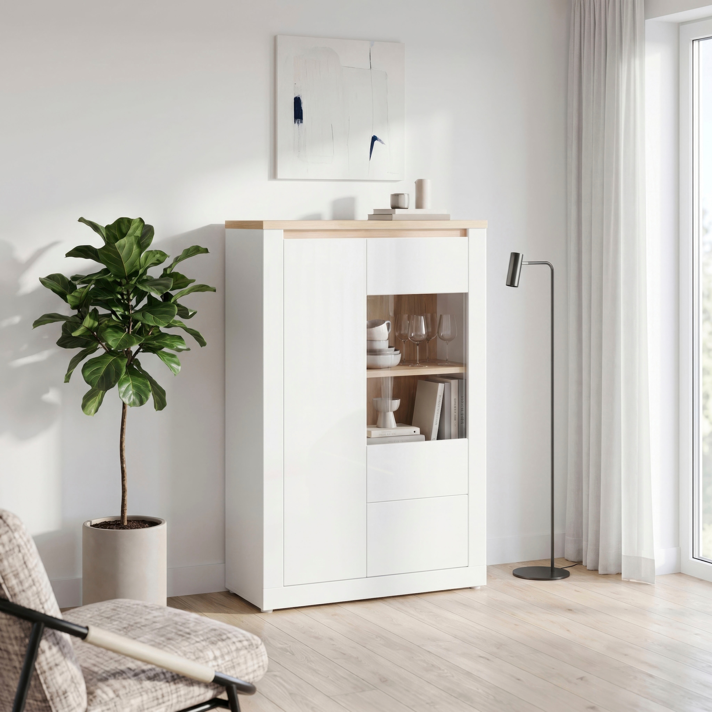 FORTE Highboard »Highboard 1T/1SK/1GT« B/H/T 96,4/147,4/41,6 cm, Front glänzend, Glas