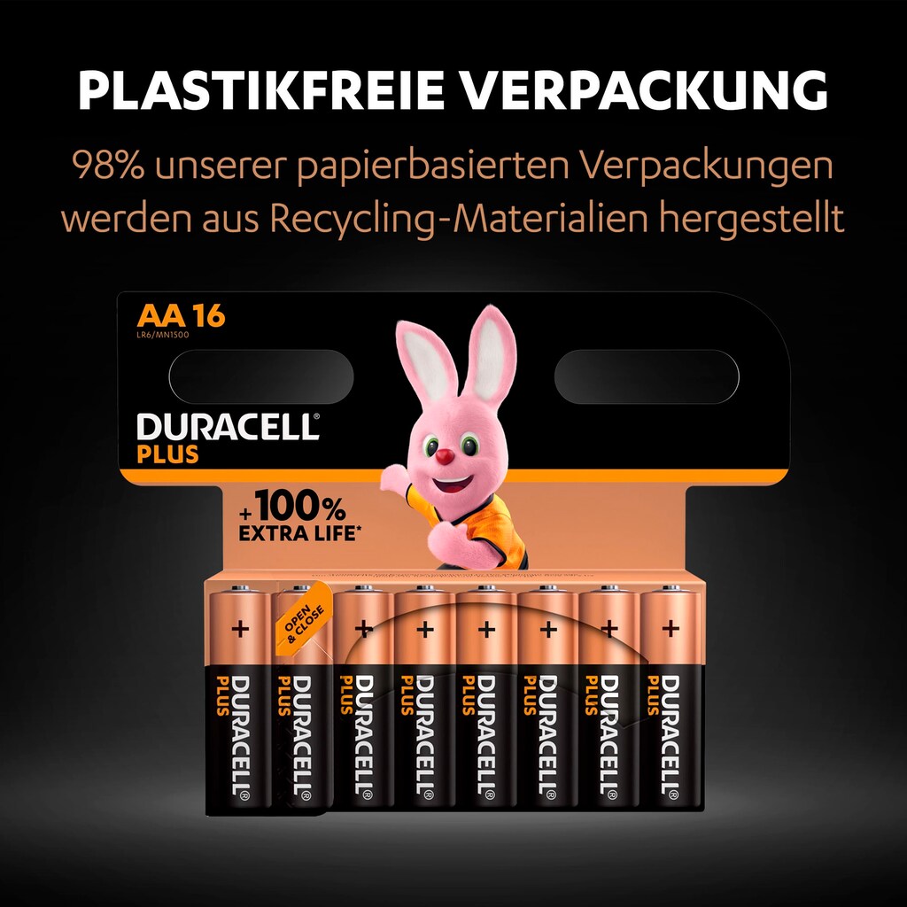 Duracell Batterie »NEU Plus AA Mignon Alkaline, 1.5V LR6 MN1500, 16er-Pack«, LR6, (Packung, 16 St.)