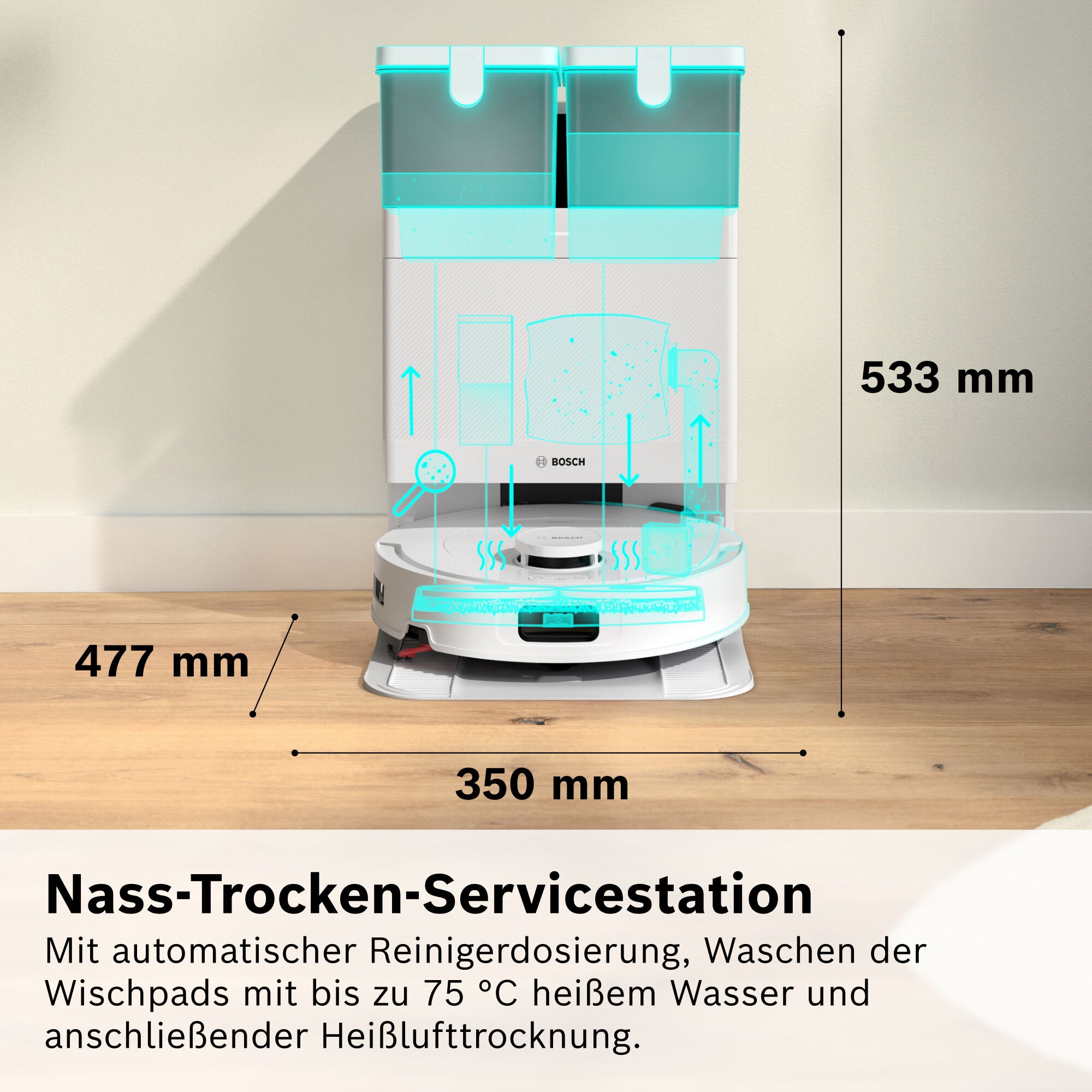 BOSCH 1100000002199 »mit Wischfunktion Spotless 2 BCR2S1B/BCR2S1W, 25.000 Pa Saugkraft« Selbstreinigung, Nass-Trocken-Servicestation, rotierende Pads