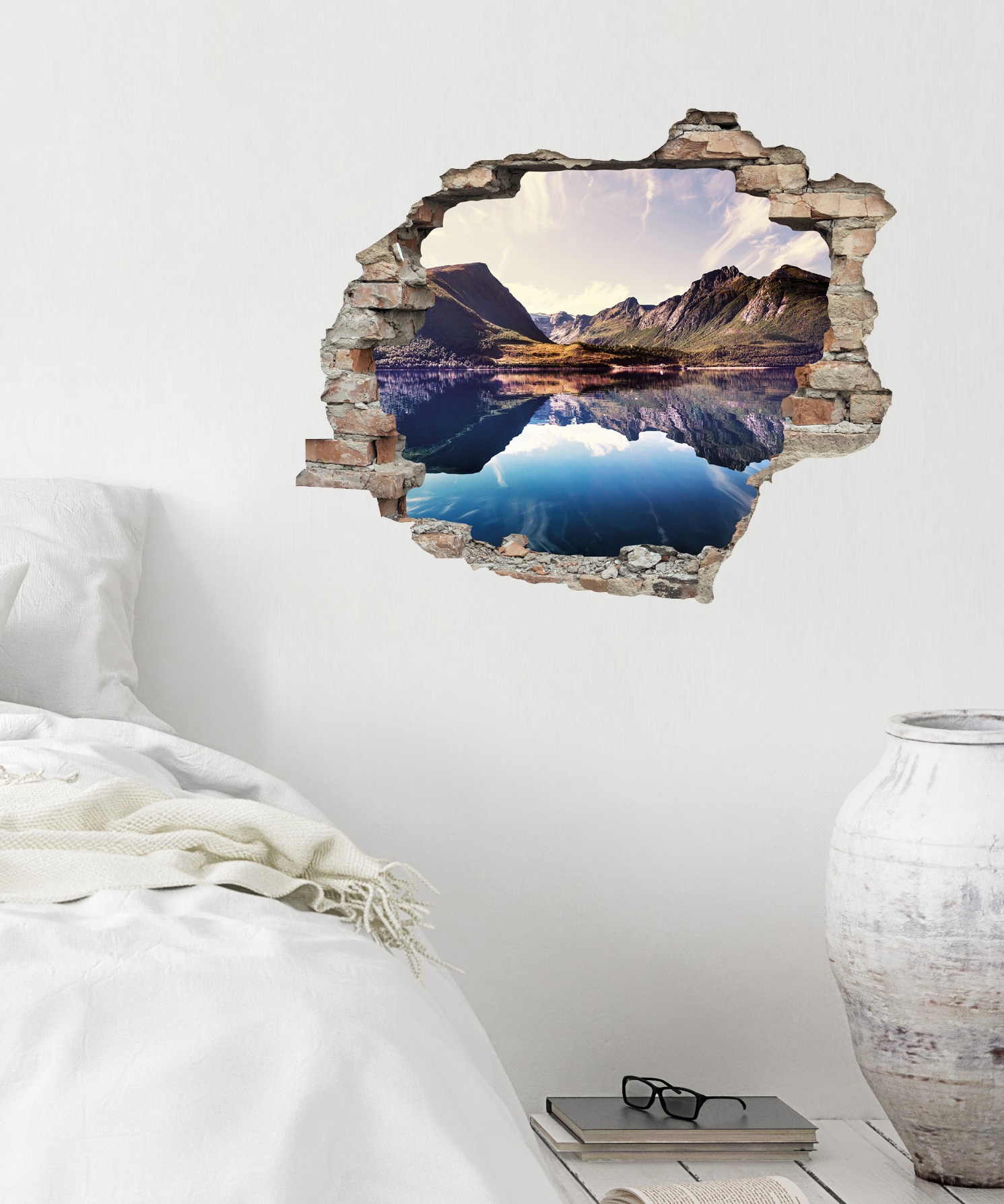 queence Wandtattoo »Spiegelnder Berg im See«, (1 St.), Wandsticker, Wandbild, selbstklebend, 3D, Wanddurchbruch