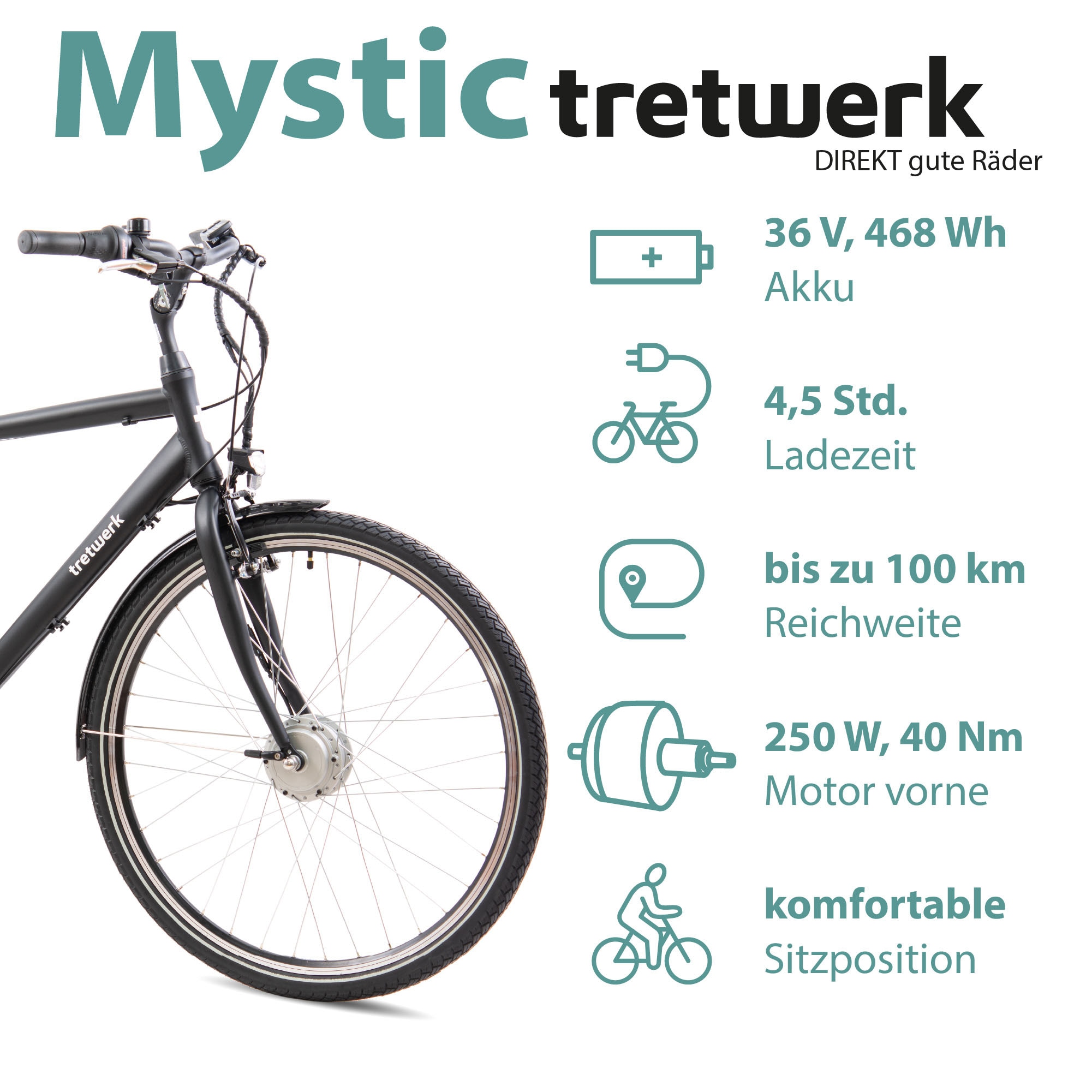 Tretwerk »Mystic« 7 Gang Nabenschaltung Frontmotor 250 W Pedelec, Elektrofahrrad für Damen u. Herren