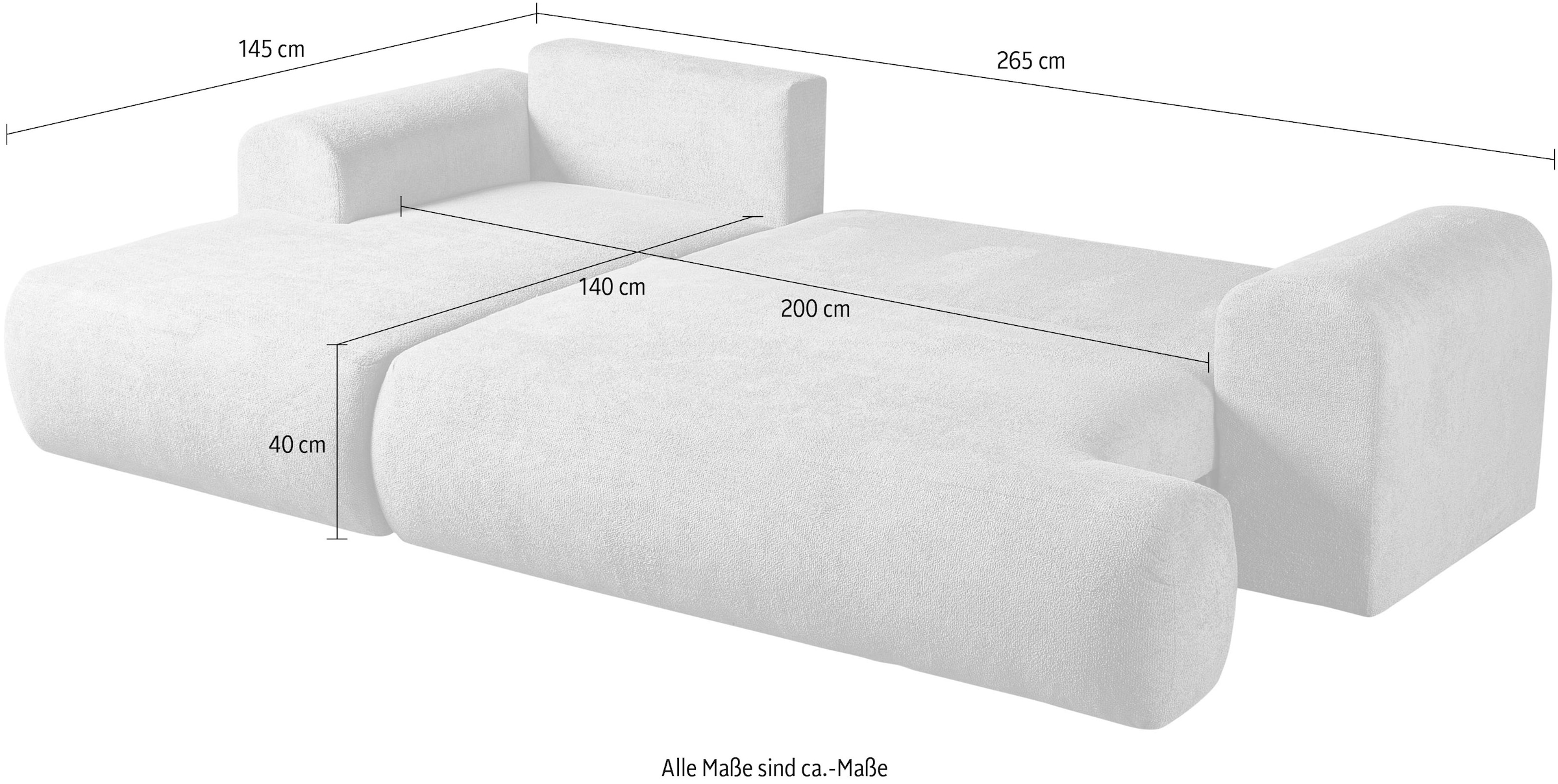 WERK2 Ecksofa »Ewela, modern, inkl. Bettfunktion & Bettkasten, bequem, Breite 265cm« moderner Boucle Bezug, Liegefläche 200/140cm