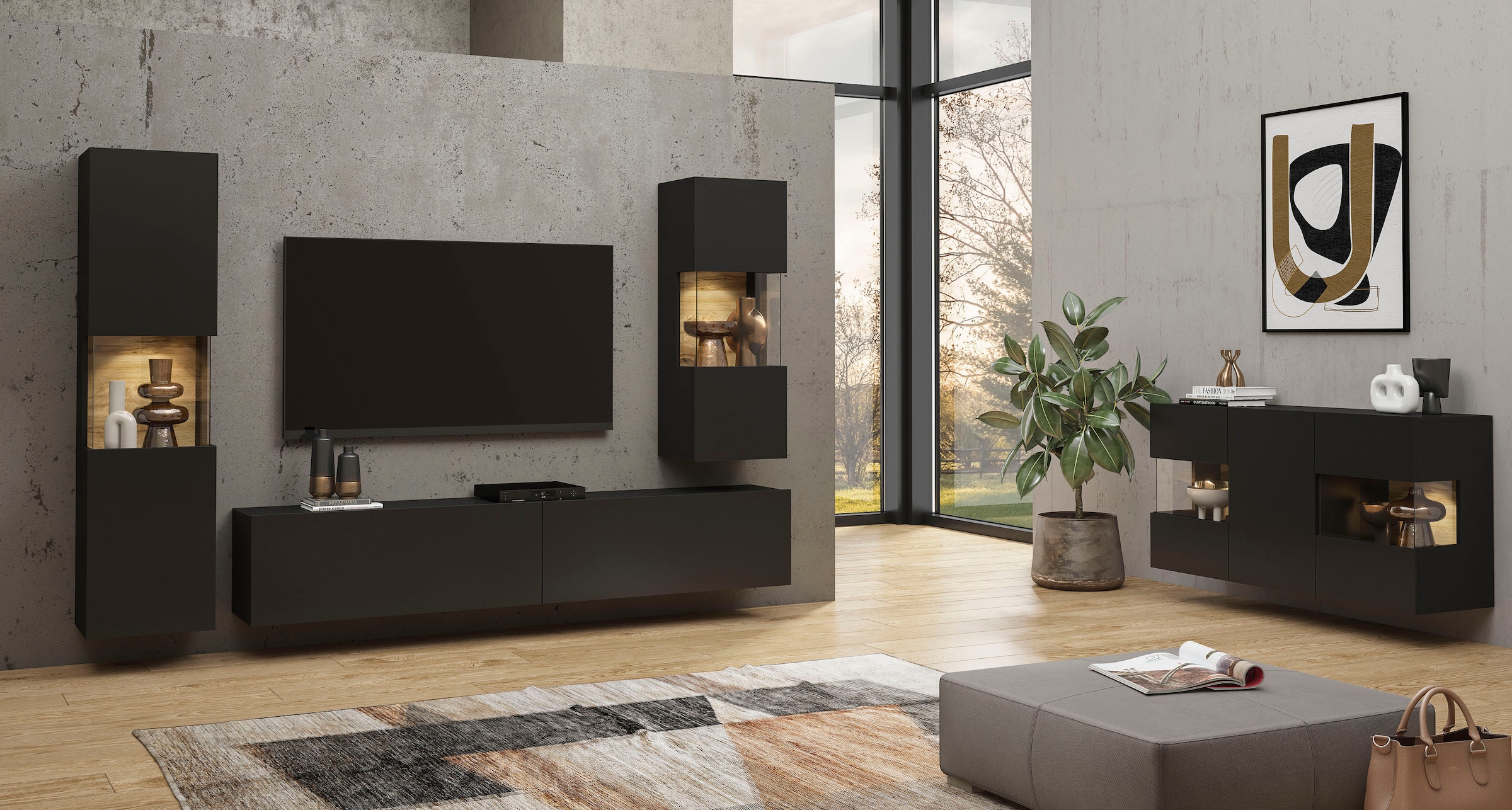 INOSIGN Sideboard »Ava, Breite 120 cm, hängend und stehend montierbar«, moderne grifflose Kommode, Anrichte, 3Türen, Eckverglasung