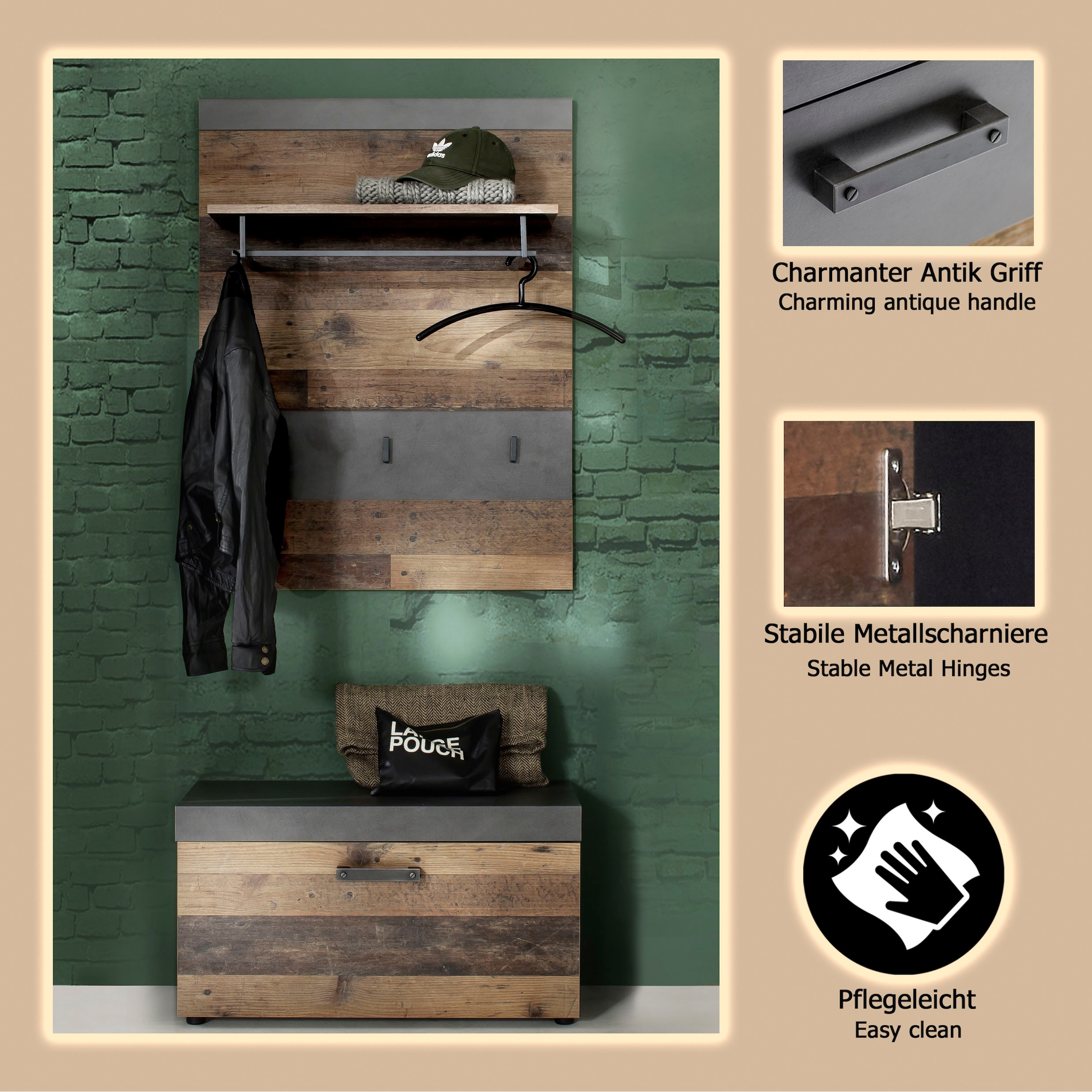 INOSIGN Garderoben-Set »Ilana« Set, 2 Stk. tlg. Garderobenmöbel im modernen Industrial Style mit antikfarbenen Griffen