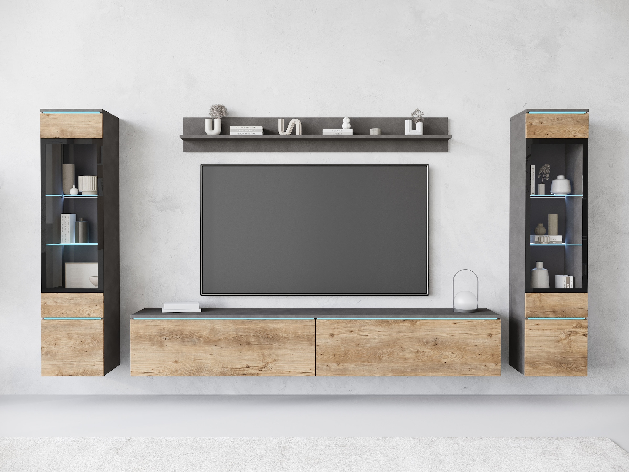 INOSIGN Wohnwand »VERA II, Vitrinen Türanschlag wechselbar«, (Komplett-Set, 4 St.), Mediawand 260 cm, Vitrine mit Verglasung, stehend und hängend
