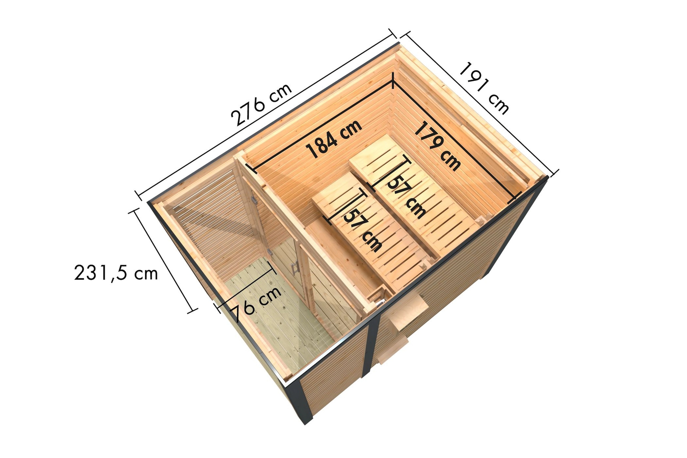 Karibu Saunahaus »"Adrian 1" naturbelassen-graualuminium« Nordischer Fichte,Stahlecken- und Dachabschluss, Ofen 9kW externe Strg