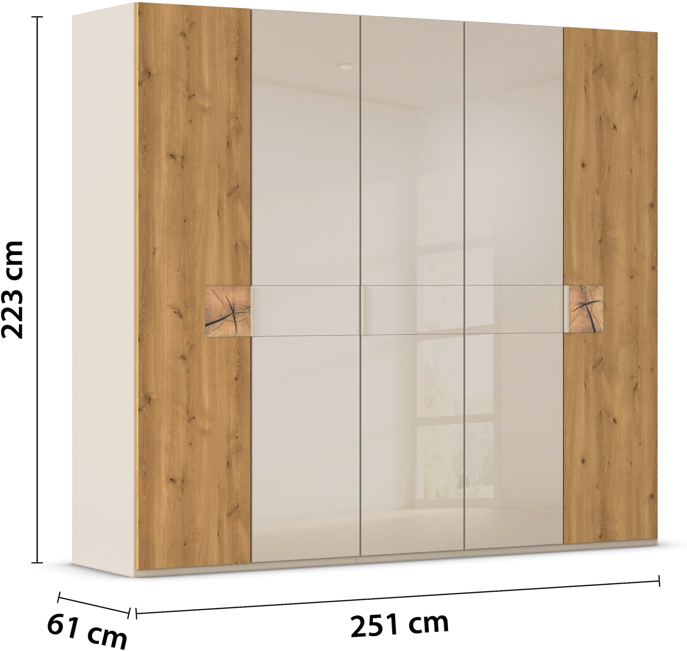 rauch Kleiderschrank »Drehtürenschrank Schrank Garderobe Wäscheschrank KONA« Breiten 251/301 cm, Höhe 223 cm, Tiefe 61 cm,  Glasauflage, Massivholz-Absetzung, SOFT-CLOSE-FUNKTION MADE IN GERMANY