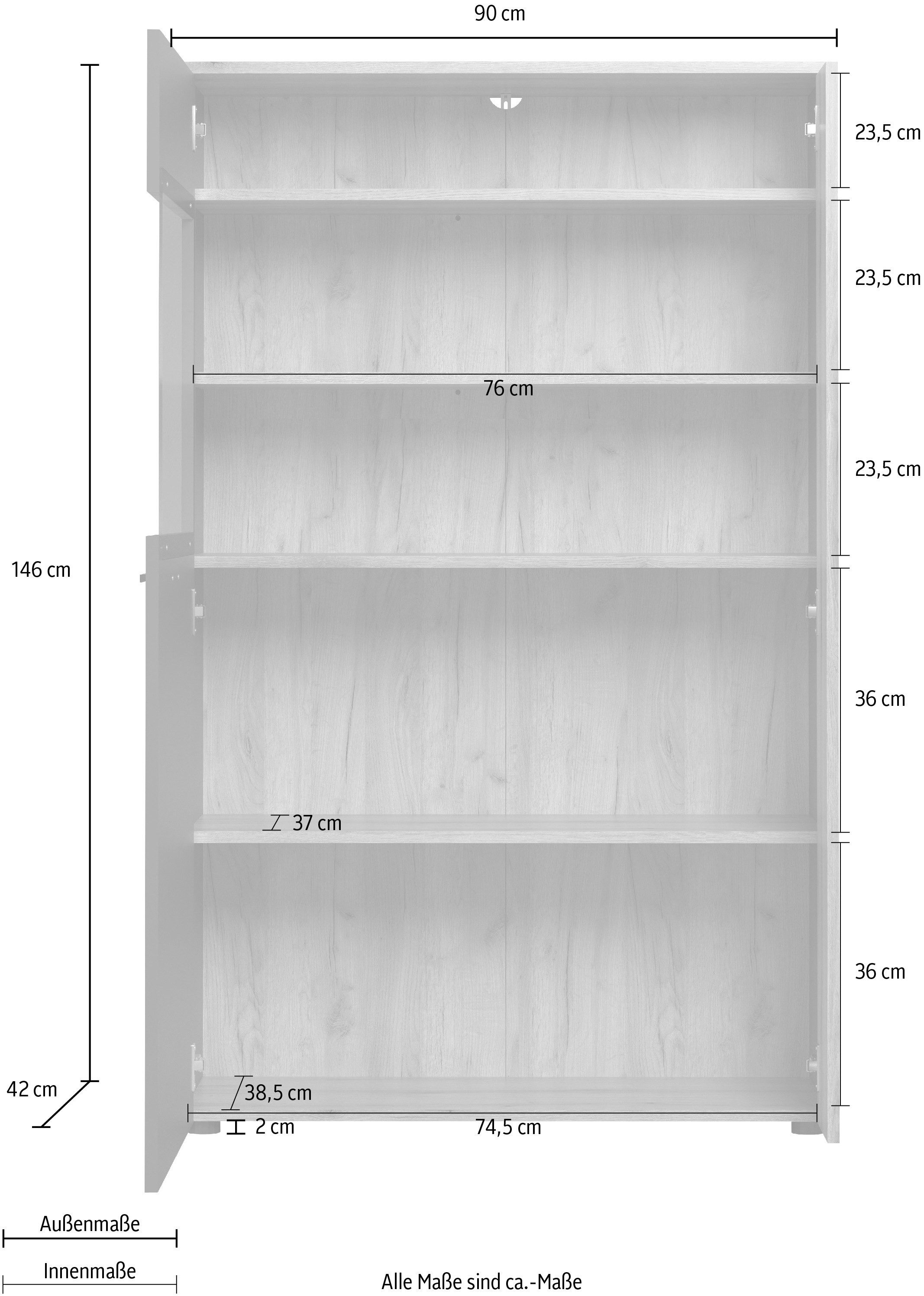 INOSIGN Highboard »Estepona«, (1 St.), Highboard mit 2 Türen - (B/T/H) 90/42/146 cm