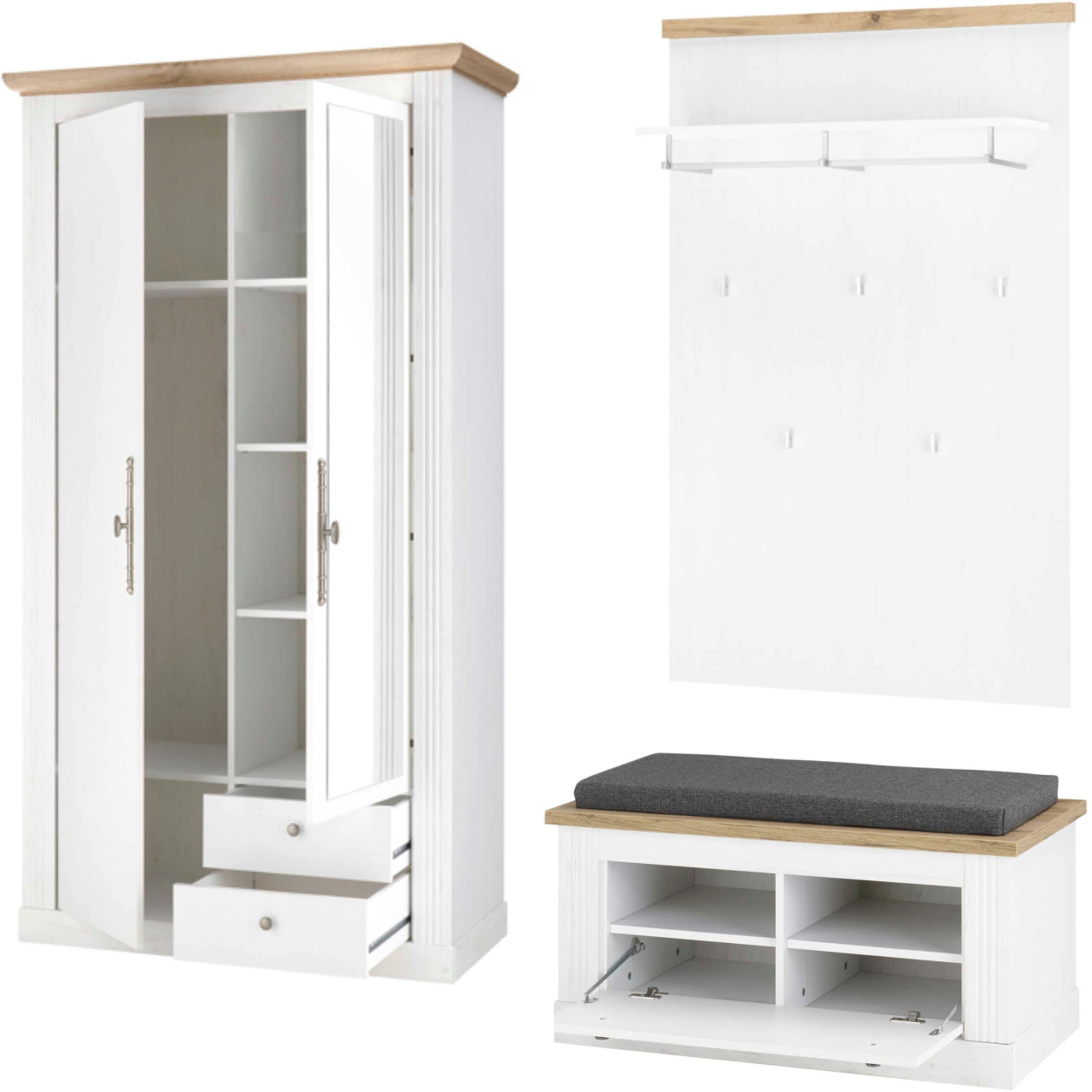Home affaire Garderoben-Set »WESTMINSTER TOPSELLER!«, (3 St., Schuhbank, Paneel, Garderobenschrank), im romantischen Landhausstil