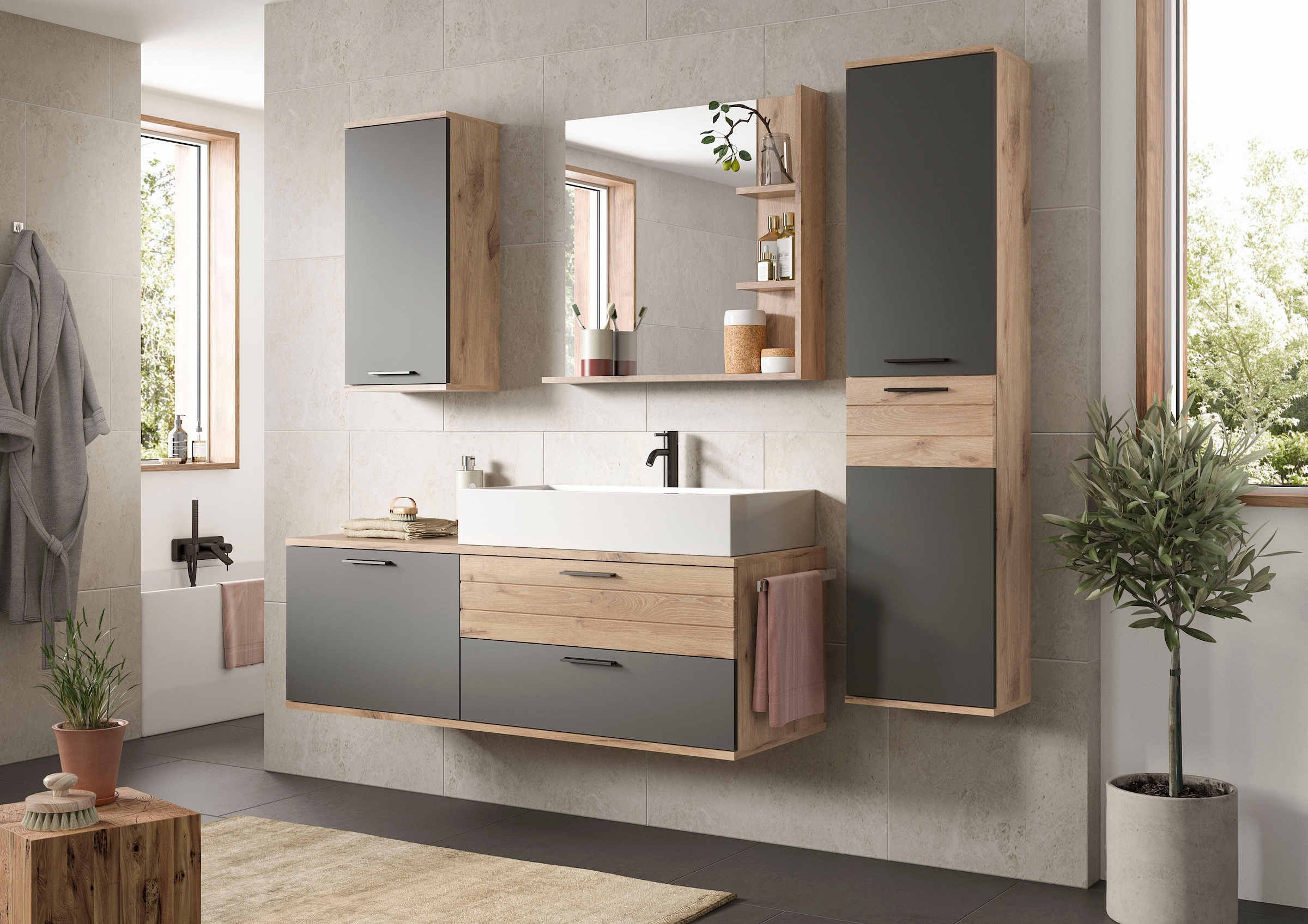 INOSIGN Badmöbel-Set »Riga, 3 teilig, inklusive Keramik-Aufsatzwaschbecken, bestehend aus:«, (Set, 3 St.), Waschtisch-Set, Hängeschrank, Badspiegel