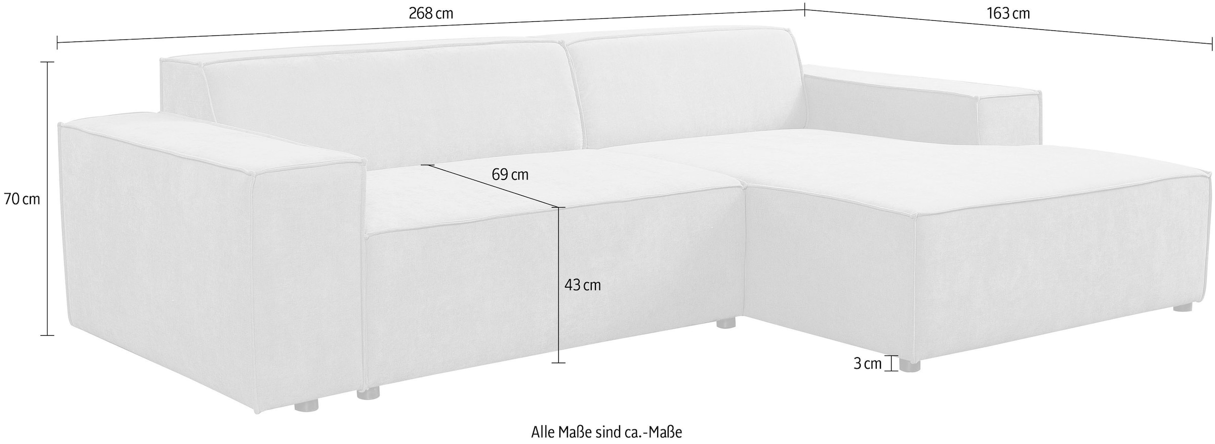WERK2 Ecksofa »Trento 268 cm breit zeitlos, elegant &, kubisches Design« Cord, L-Form,  extra weiche und tiefe Sitzfläche