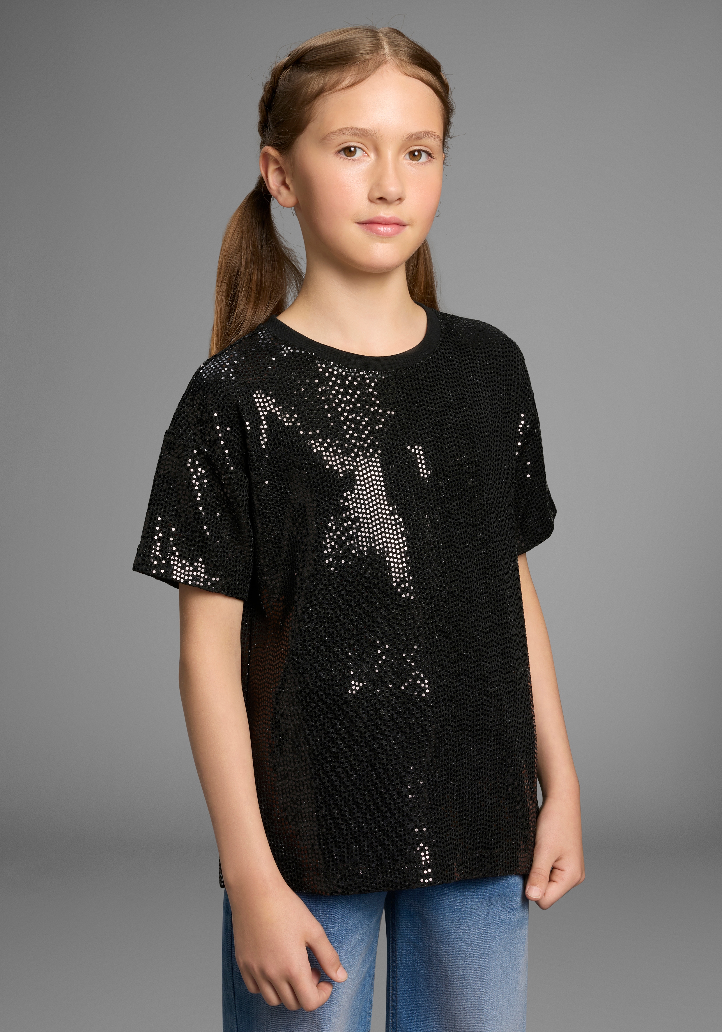 Bruno Banani Mädchen T-Shirt »Oversize, Glitzershirt, Paillettenoptik« NEU: BRUNO BANANI für TEENS! Shirt aus glitzernden Material, Größe 176/182