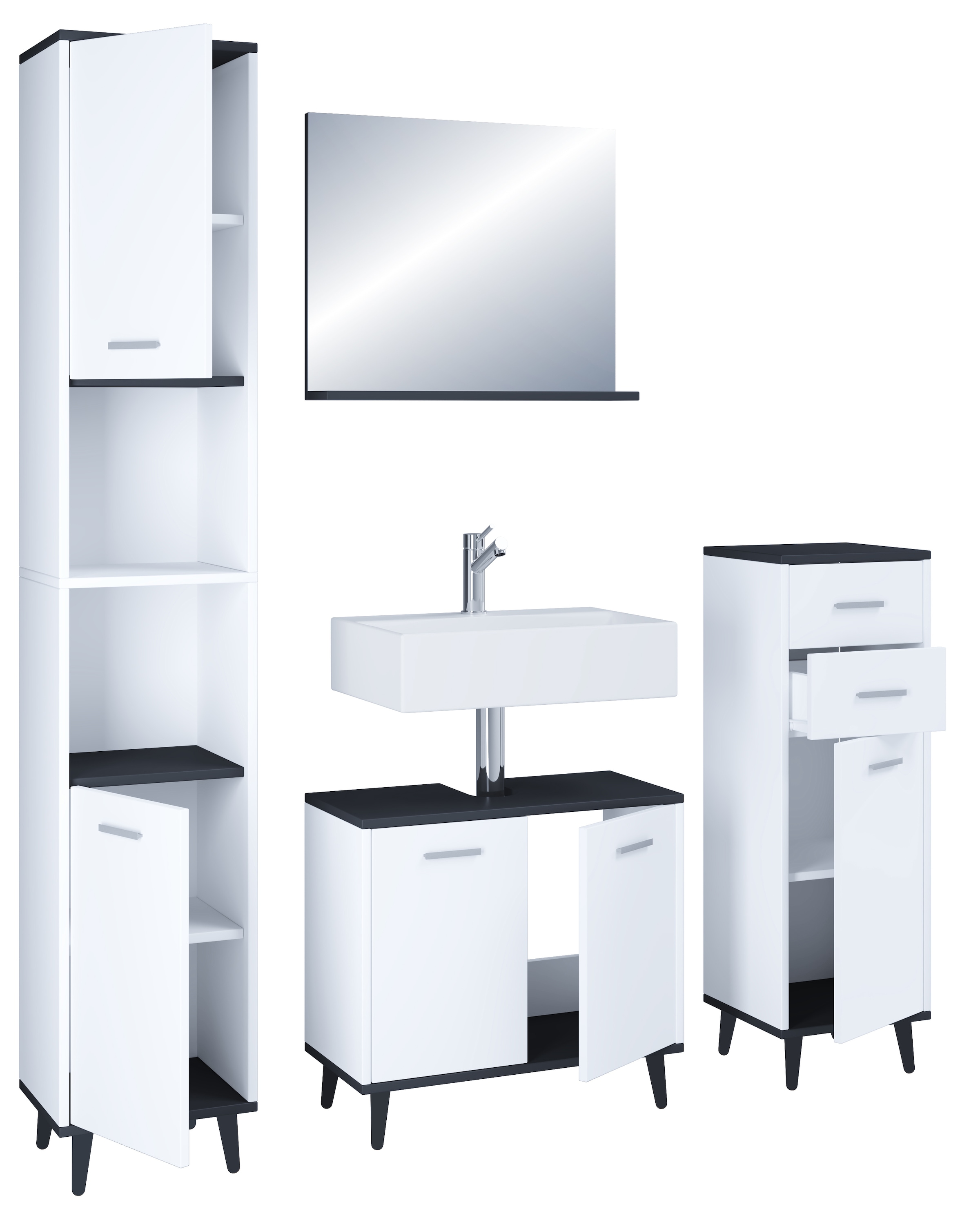 VCM Waschbeckenunterschrank »VCM 4-tlg. Badmöbelset | Badmöbel | Set aus Unterschrank, Midischrank, Hochschrank und Spiegel | Badezimmermöbel - Landos«, (4 St.)