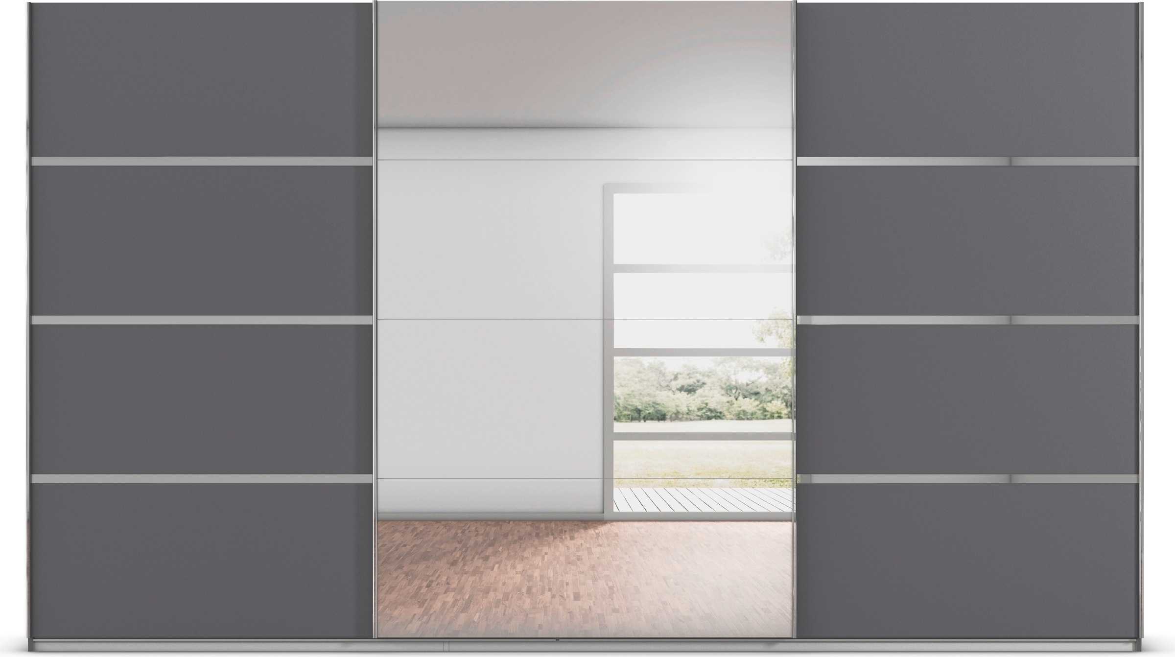 rauch Kleiderschrank »Schwebetürenschrank Garderobe Schrank TOP ANGEBOT Avola«, (in 3 verschiedenen Ausstattungen BASIC/CLASSIC/PREMIUM inkl. Spiegel), mit eleganten Zierleisten in Chrom, Schwarz oder Weiß MADE IN GERMANY