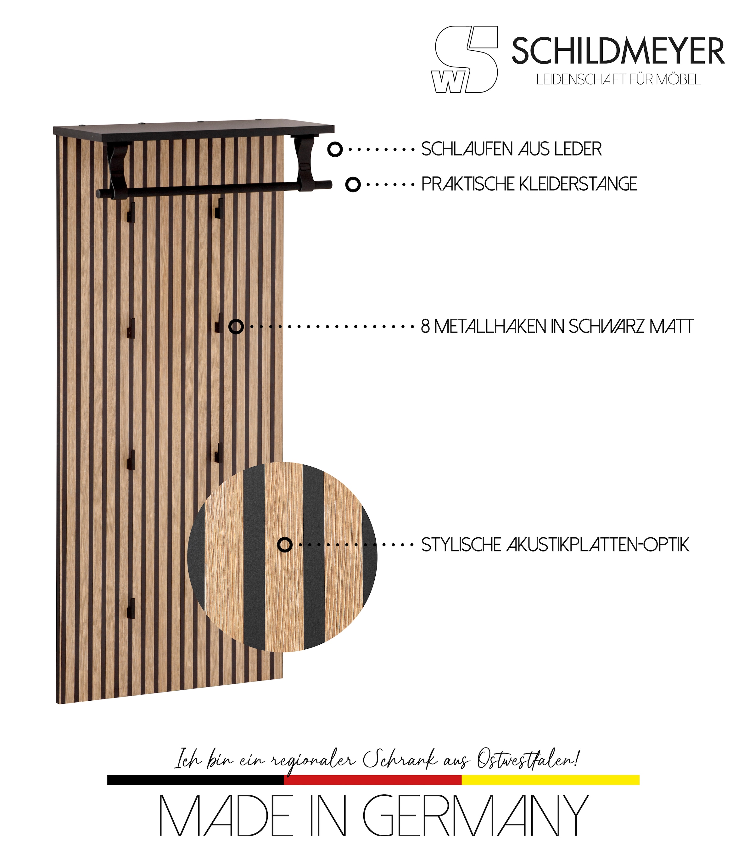 Schildmeyer Garderobenpaneel »Loft, Breite 50 cm«, Akustikprint, 8 Kleiderhaken