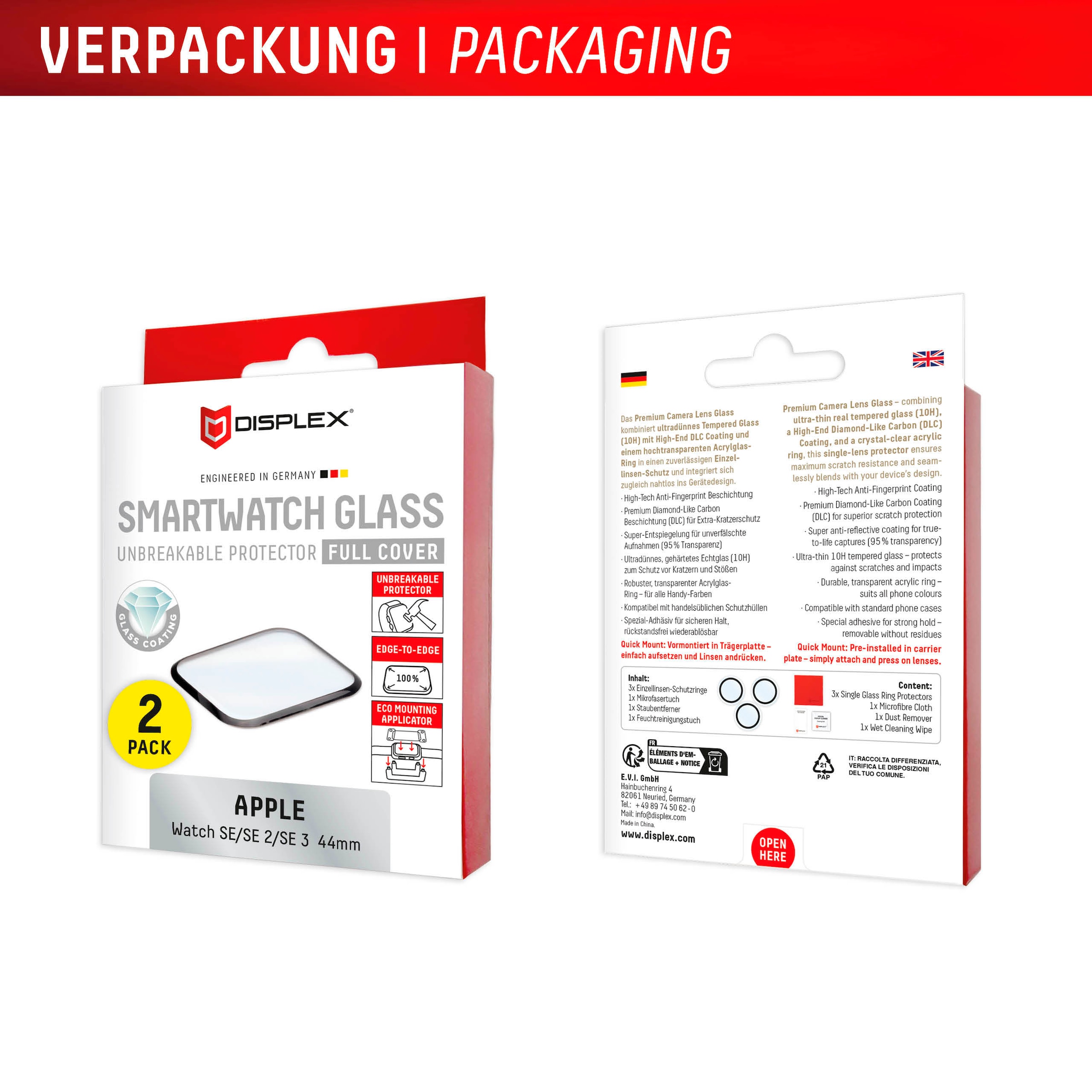 Displex Displayschutzglas »Smartwatch Glass Unbreakable Protector Full Cover« für Apple Watch SE 44 mm;Apple Watch SE 2 44 mm;Apple Watch SE 3 44 mm Packung, 2x Acrylglas Protector,  Displayschutzfolie, kratz- & stoßfest