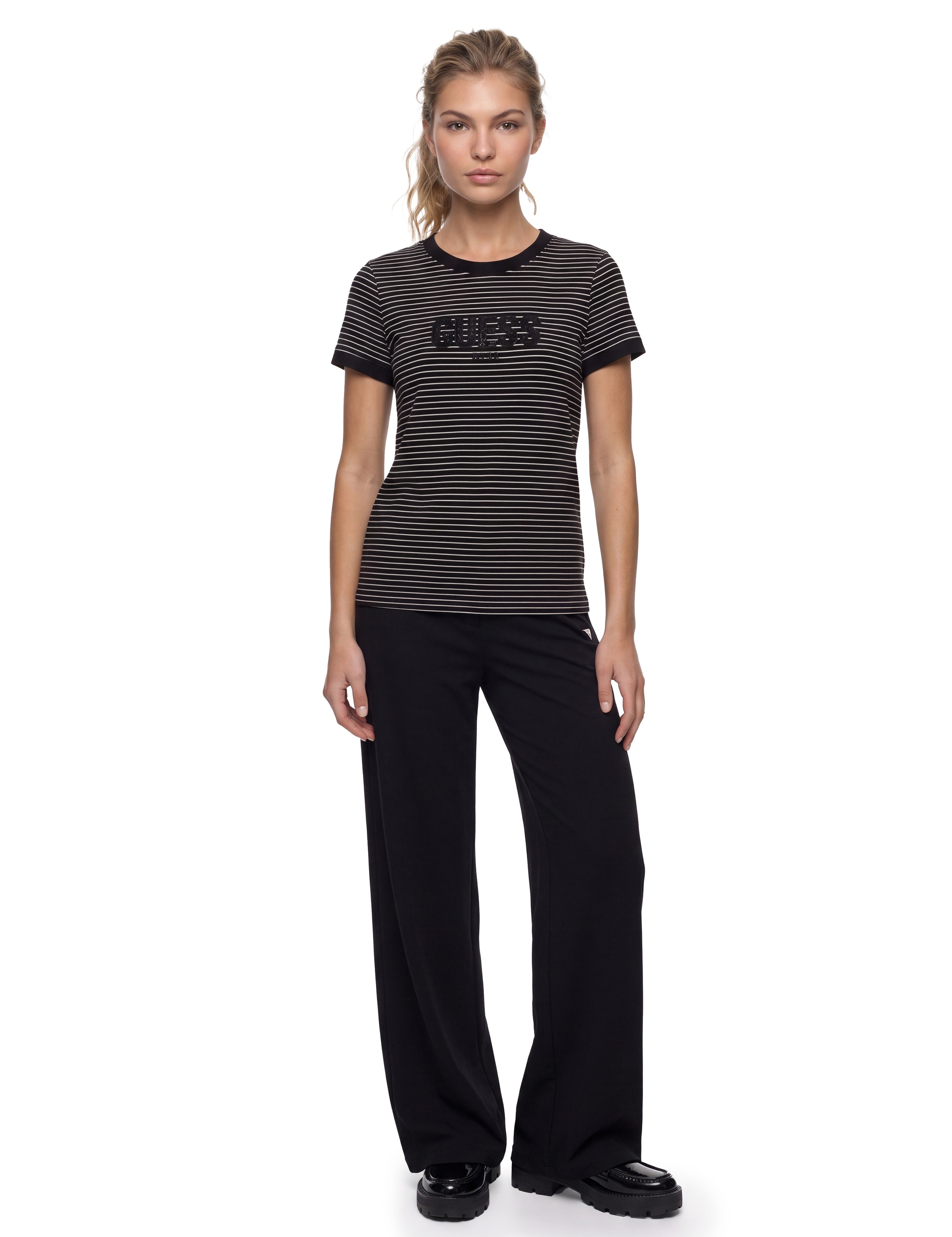 Guess T-Shirt »CN GUMMY LACE LOGO STRIPED« Logo mit Spitzenbesatz, Slim Fit