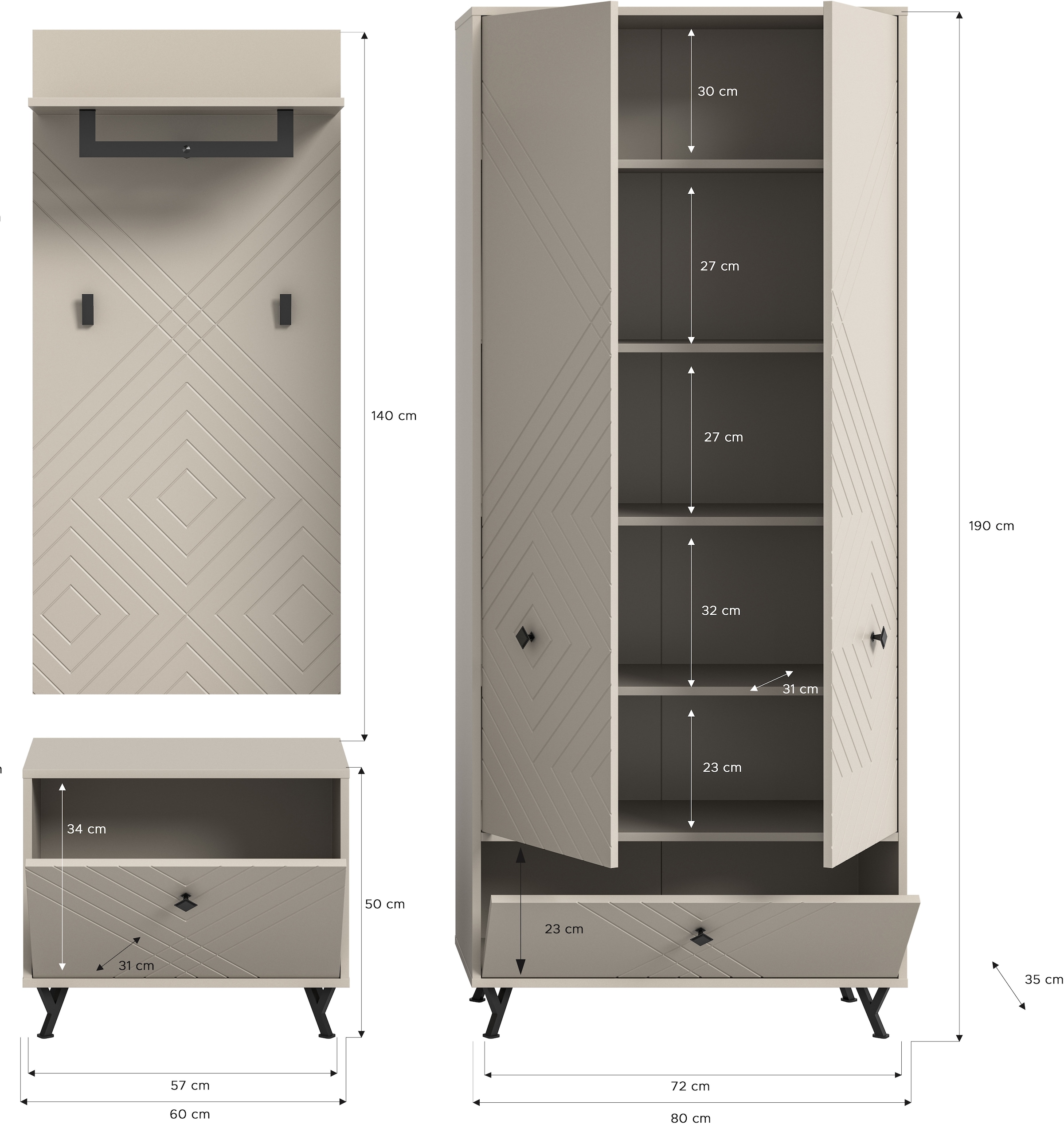 Home affaire Garderoben-Set »Mento, 3-teilig, Ornamentfräsung in der Front, bestehend aus:« Set, 3 Stk. tlg.