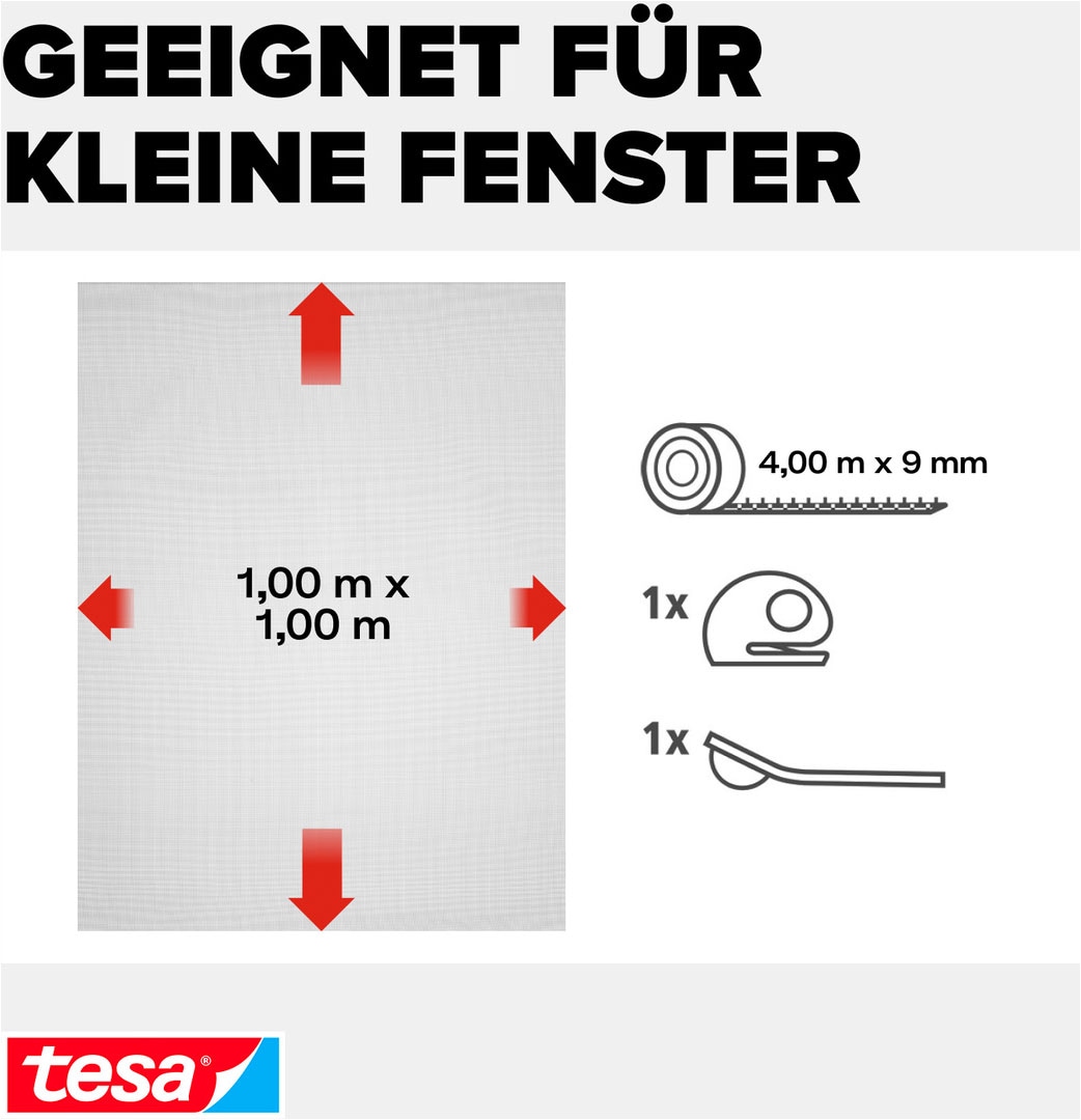 tesa Insektenschutz-Fensterrahmen »Insect Stop Comfort Fliegengitter für Fenster - 1.0 m : 1.0 m« Packung, Fliegennetz, Klettband, Andrück und Schneidehilfe, 1 Stk. tlg. Insektenschutzgitter - Fliegenetz ohne Bohren -zuschneidbar