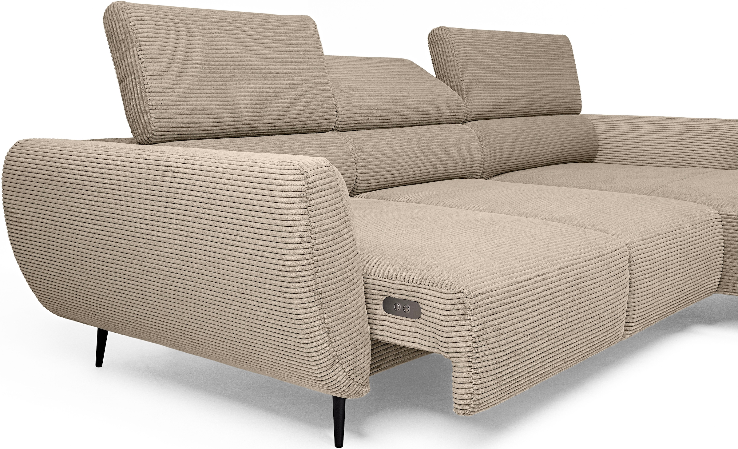 WERK2 Ecksofa »Alisson Sitztiefe elektrisch verstellbar & 3 verstellbaren Kopfstützen« Schwebendes L-Form Sofa in Cord, 15 cm bodenfrei (saugrobotergeeignet)