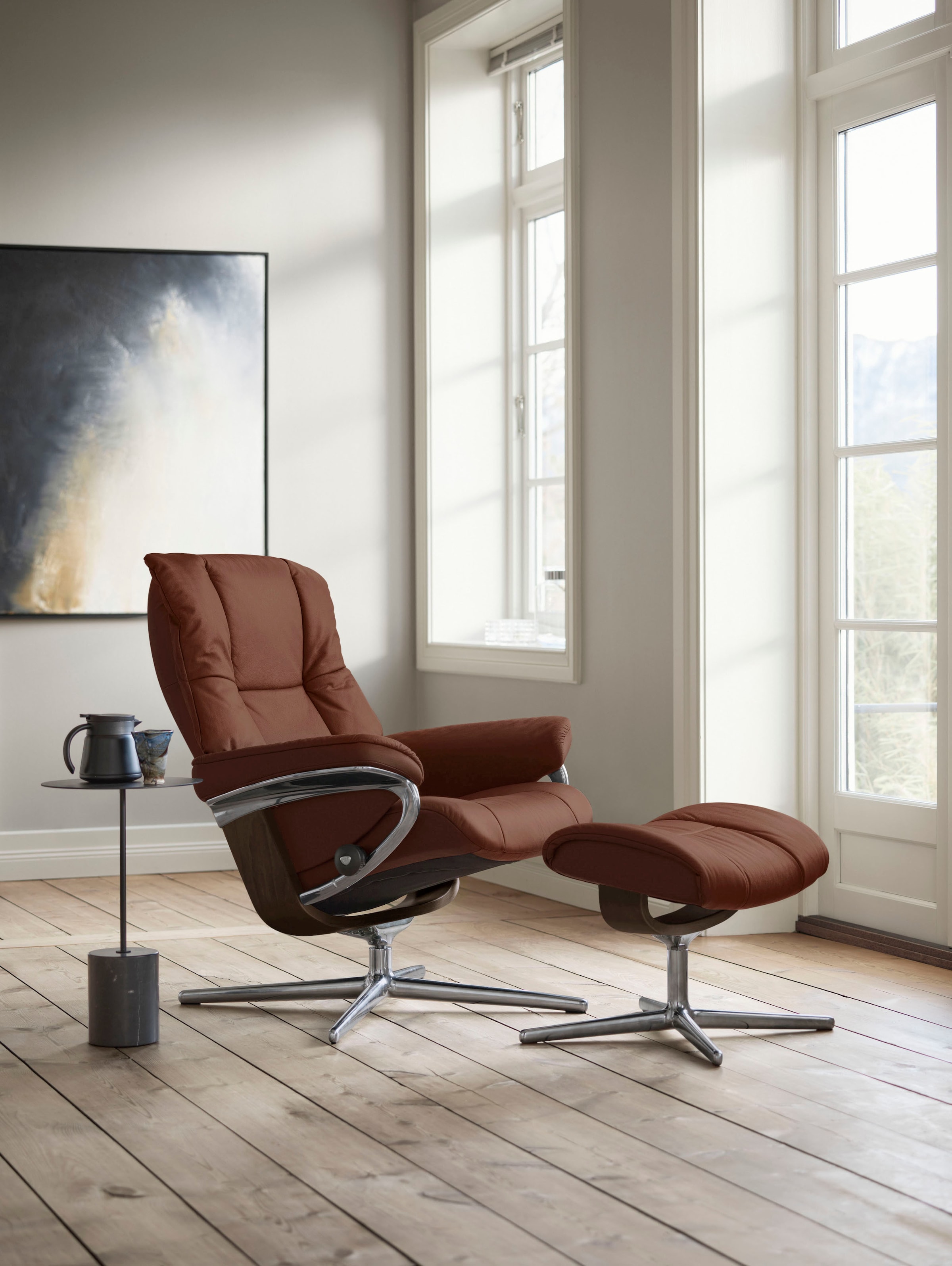Stressless® Relaxsessel »Mayfair«, (Set, Relaxsessel mit Hocker), mit Hocker, mit Cross Base, Größe S, M & L, Holzakzent Braun