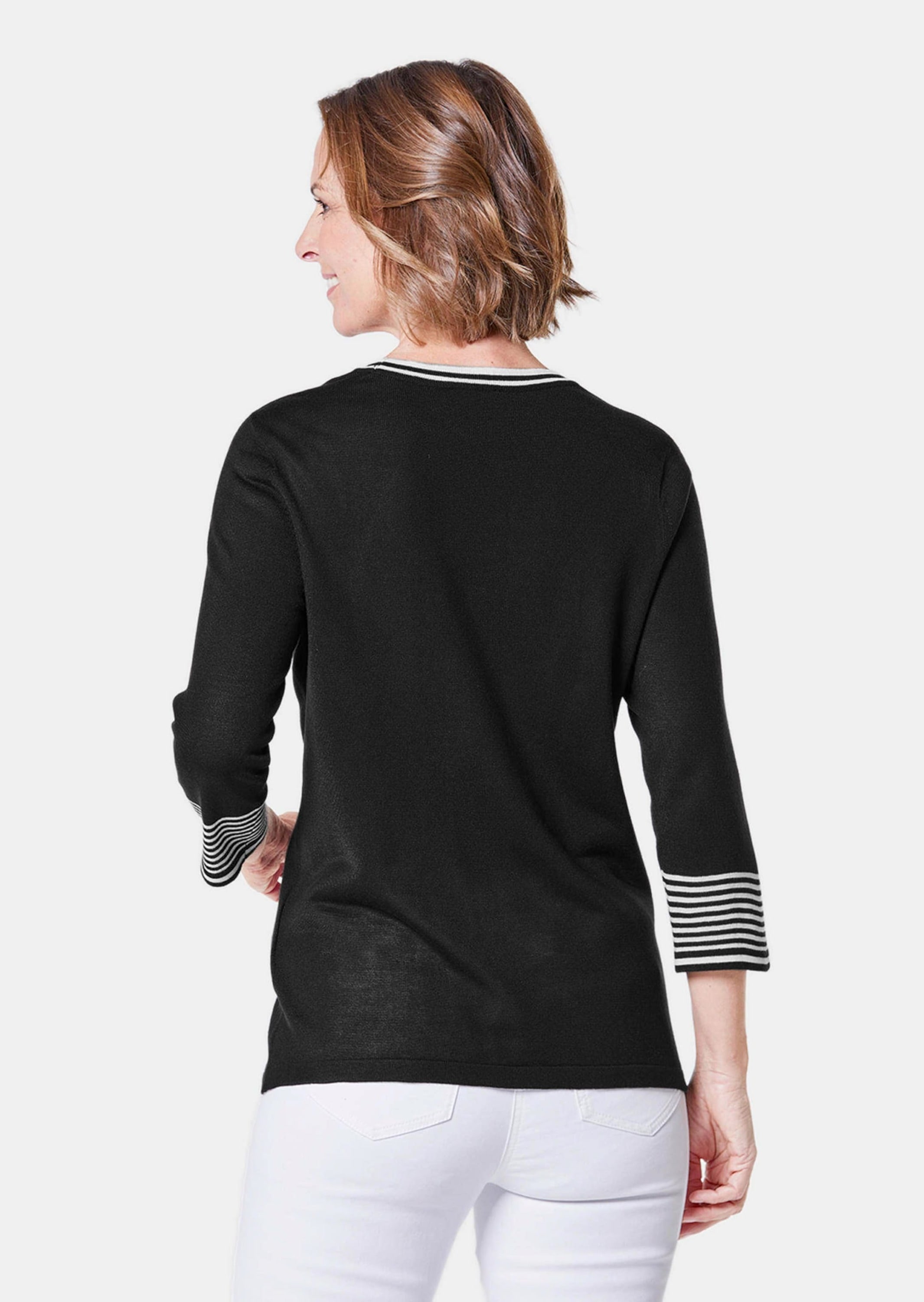 GOLDNER Rundhalspullover »Pullover mit femininem Motiv« geringelte Ärmelabschlüsse