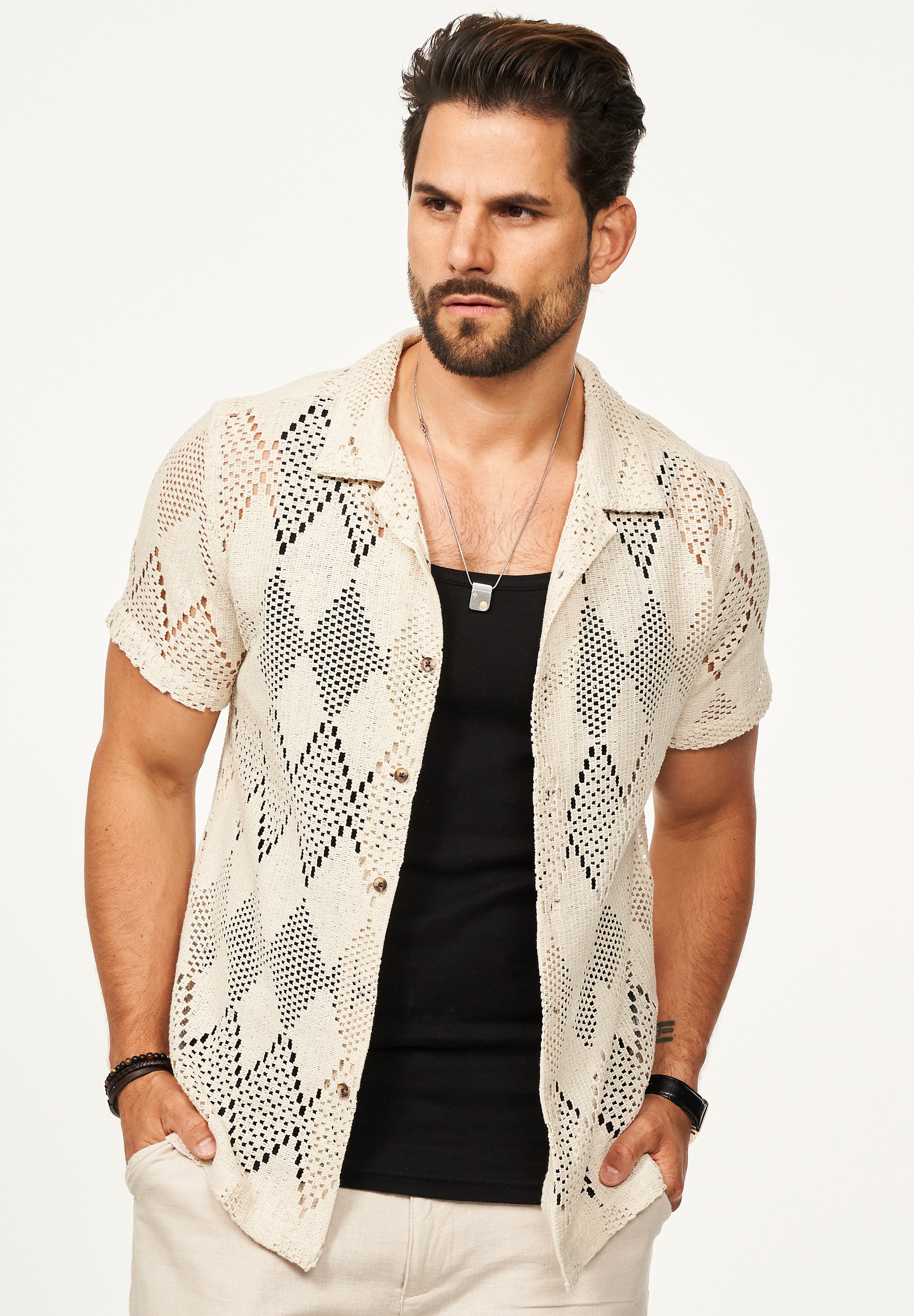 SOULSTAR Kurzarmhemd »Freizeithemd als Kurzam Strick Hemd im Retro-Look - Strick Polo-Hemd Overshirt im Regular-Fit für Herren« Herren Strick Polo-Hemd T-Shirt im Regular-Fit Festival Hemd