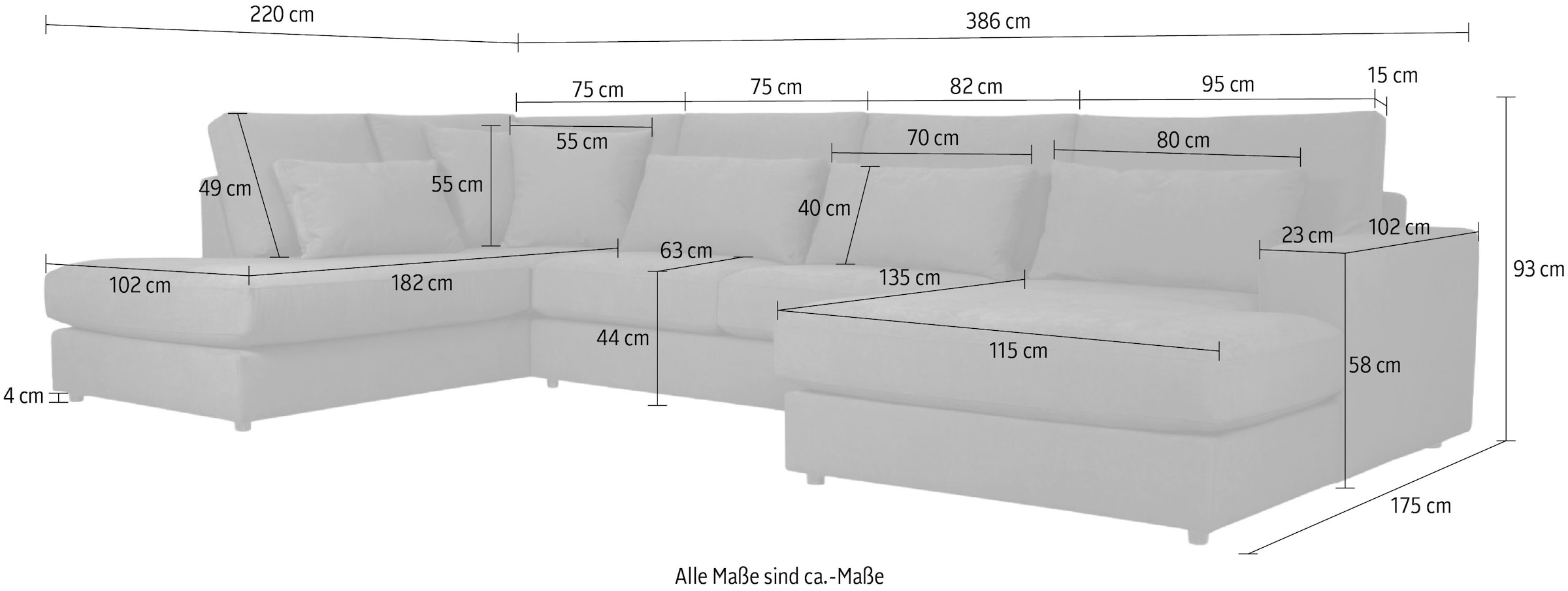 OTTO home Wohnlandschaft »Nivette, weiches Chenille« Breite 386 cm, U-Form, bodentief, 6 Zierkissen inkl.