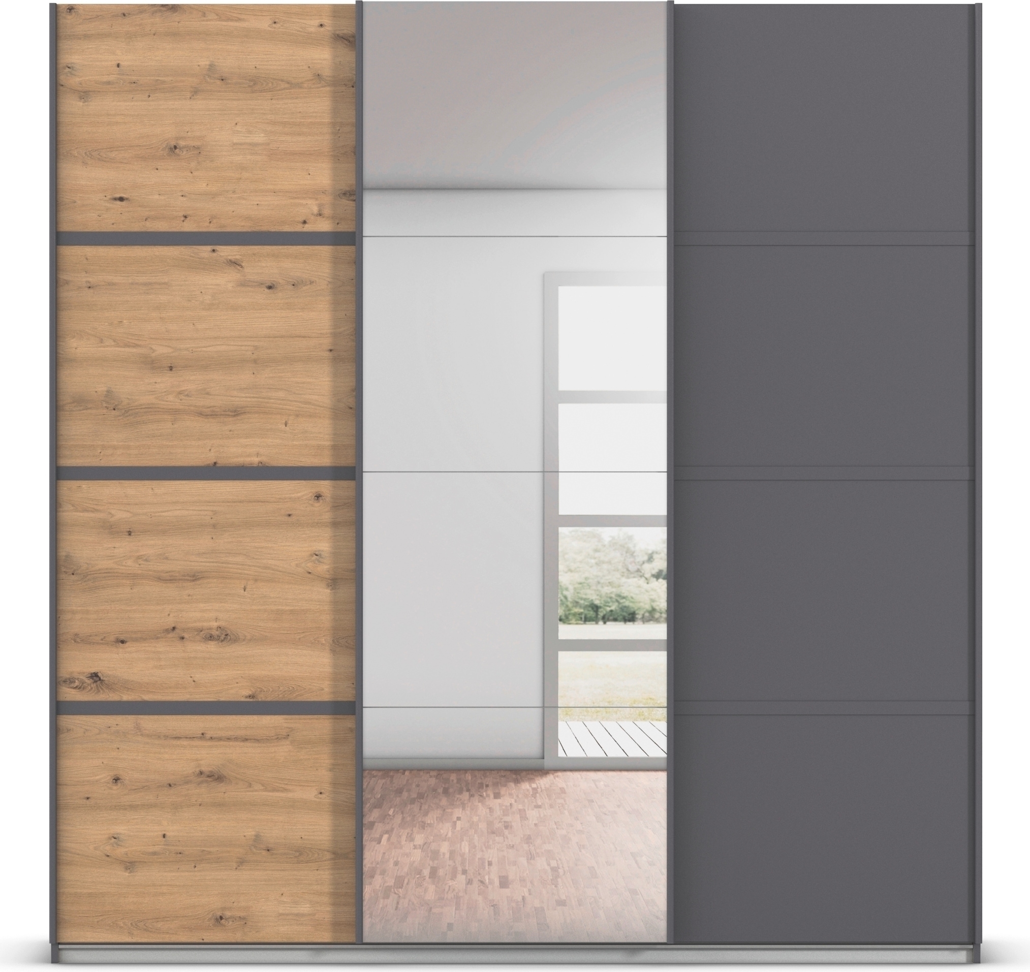 rauch Kleiderschrank »Schwebetürenschrank OTTO´s Choice Garderobe Schrank TOP ANGEBOT Avola«, (in 3 verschiedenen Ausstattungen BASIC/CLASSIC/PREMIUM inkl. Spiegel), mit eleganten Zierleisten in Chrom, Schwarz oder Weiß MADE IN GERMANY