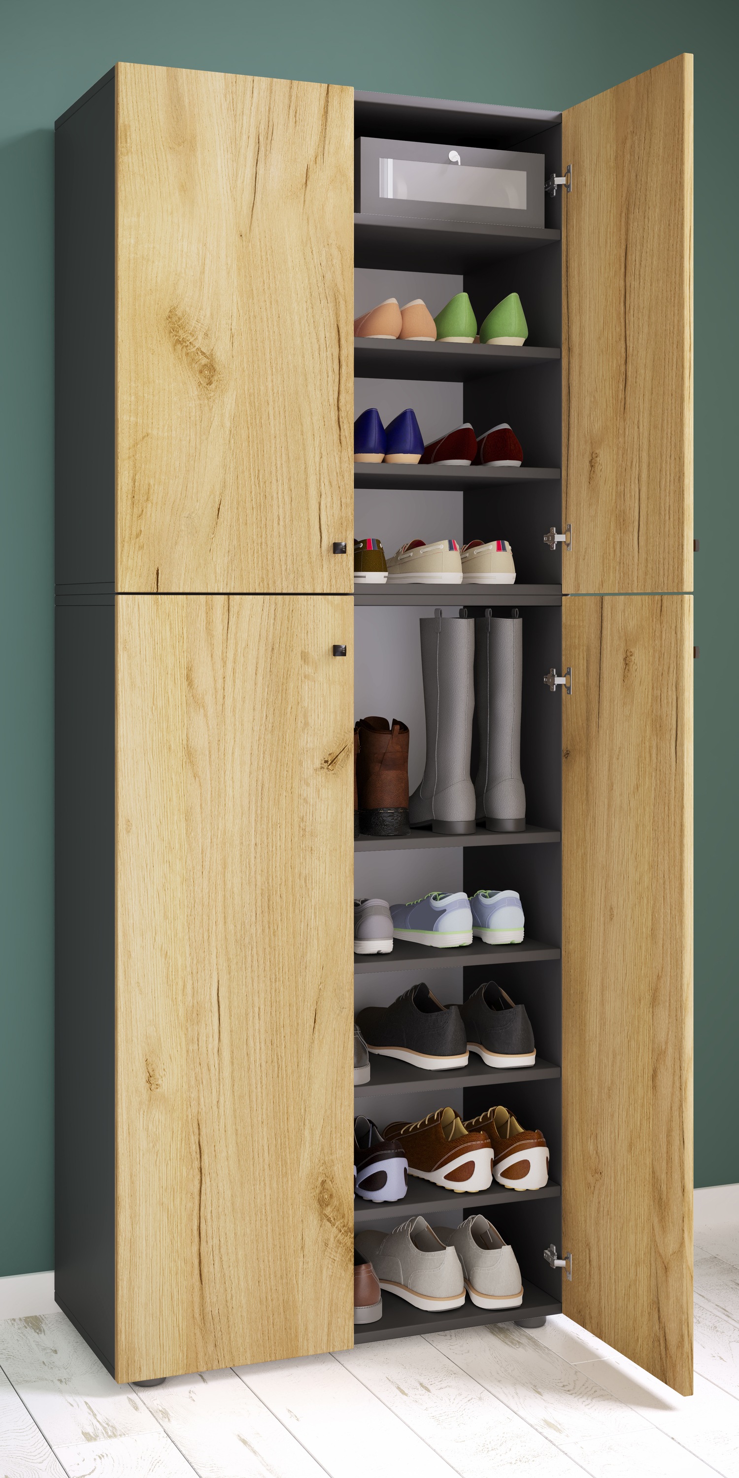 VCM Schuhschrank »VCM Holz-Schuhschrank | Maße: B. 70 x H. 184 x T. 40 cm | Allzweckschrank | 9 Fächer | 4 Drehtüren - Lona«, (1 St.)