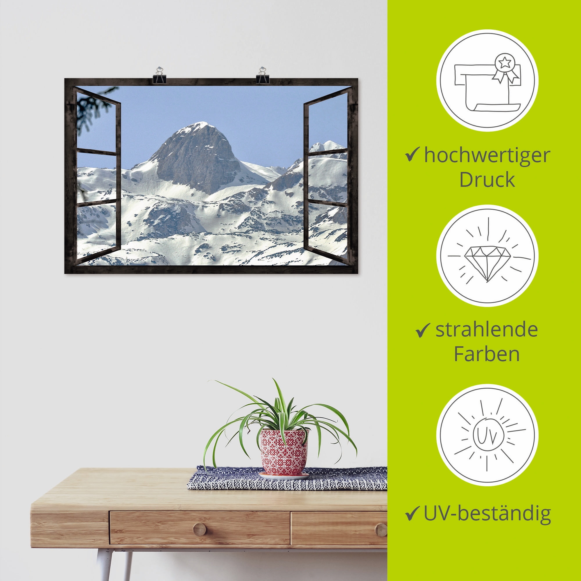 Artland Poster »Fensterblick - Reiteralm«, Berge, (1 St.), als Alubild, Leinwandbild, Wandaufkleber oder Poster in versch. Größen