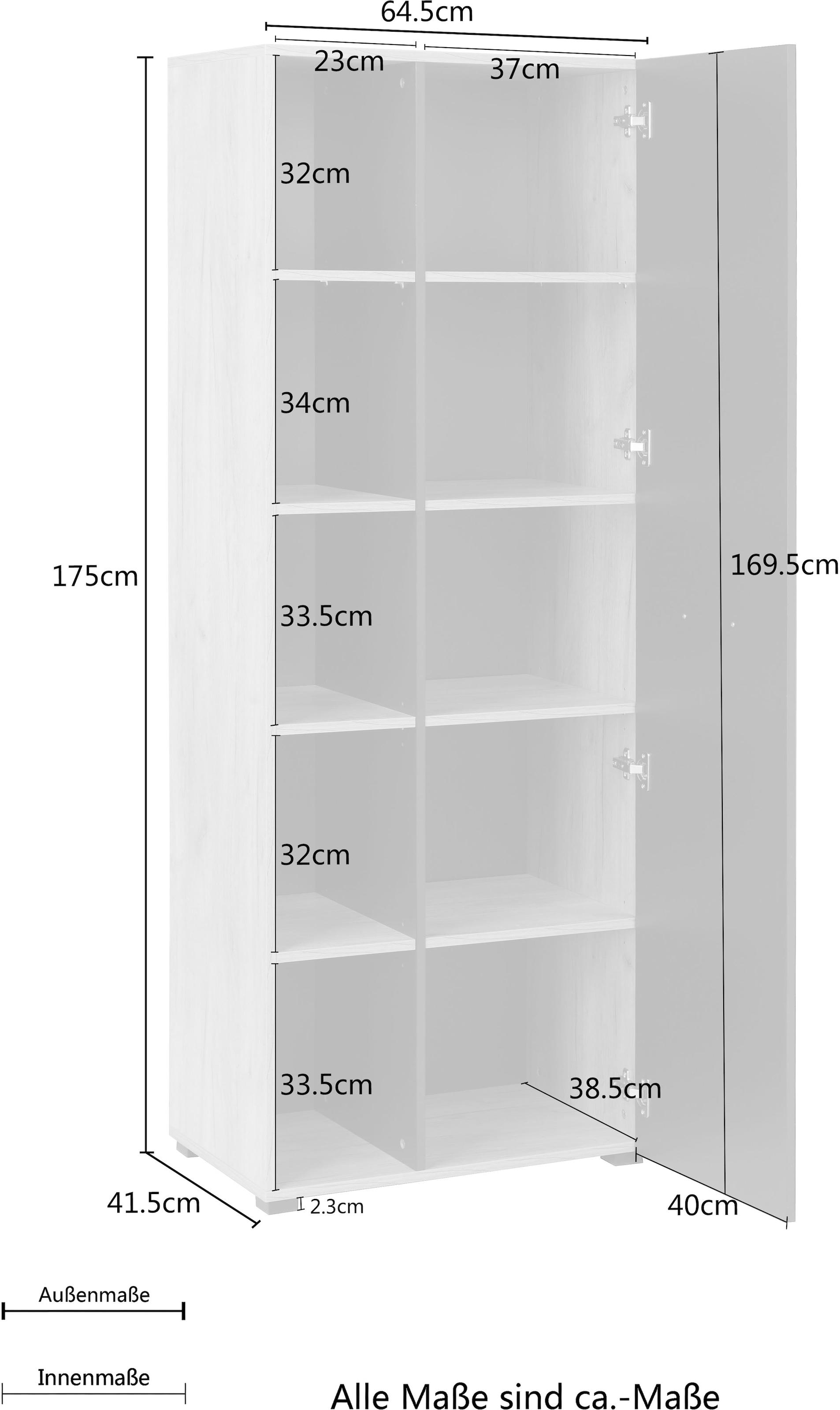 Places of Style Aktenschrank »Moid, moderner Mehrzweckschrank,«, Maße: 64,5x41,5x175 cm, 5 Fächer mit viel Stauraum